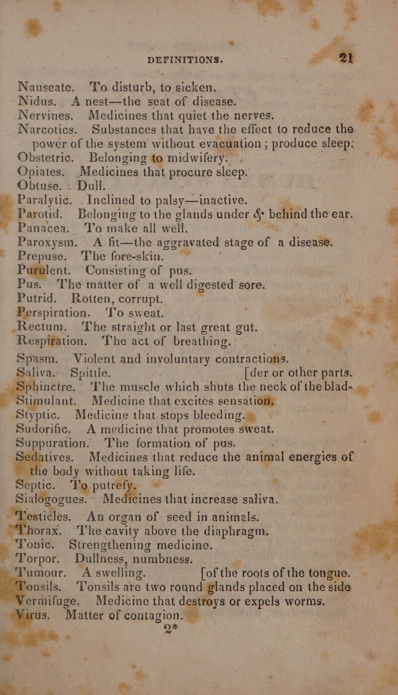 =. | Aye : eee 2 re = * J ae ‘ Pi Sv DEFINITIONS. Pa Nauseate. To disturb, to sicken. . Nidus. A nest—the seat of disease. ¢ ie 7 % Nervines. Medicines that quiet the nerves. Narcotics. Substances that have the effect to reduce the power of the system without evacuation ; produce sleep. * | Obstetric. Belonging to midwifery: Se Opiates. Medicines that procure sleep. Obtuse. ~ Dull. Paralytic. . Inclined to palsy inactive. ‘i © Darou Belonging to the glands under Sy behind the ear. g Panacea. ‘I'o make all well. Tay Paroxysm. A fit—the aggravated stage of a disease. ' * Prepuse. The fore-skin. —~ Purulent. Consisting of pus. Pas. The matter of a well digested sore. Putrid. Rotten, corrupt. “ee Perspiration. To sweat. mat  Rectum. The straight or last great gut. Bo ee ‘Respiration. The act of breathing. EY See Spasm. Violent and involuntary contractigis. ‘in Saliva. Spittle. | der or other parts. ae uinctre. ‘The muscle which shuts the neck of the blad- ee imulant. Medicine that excites sensation. ; Sitptic. Medicing that-stops bleeding.» : x Sudorific. A medicine that promotes ‘sweat. Suppuration. The formation of pus. , . tives. Medicines that reduce the animal e anchares of he bedy without taking life. — Septic. To putrefy. = 7 Sialogogues. ~~ Medicines that increase saliva. = An organ of seed in animals. horax. The cavity above the diaphragm. ‘onic. Strengthening medicine. e Torpor. Dullness, numbness. Boos “A swelling. fof the roots of the palin. ‘ . nsils. ‘Tonsils are two round glands placed on the side ppituge: Medicine that ack or expels worms. ~ Biatter of contagion aes. ae 2*