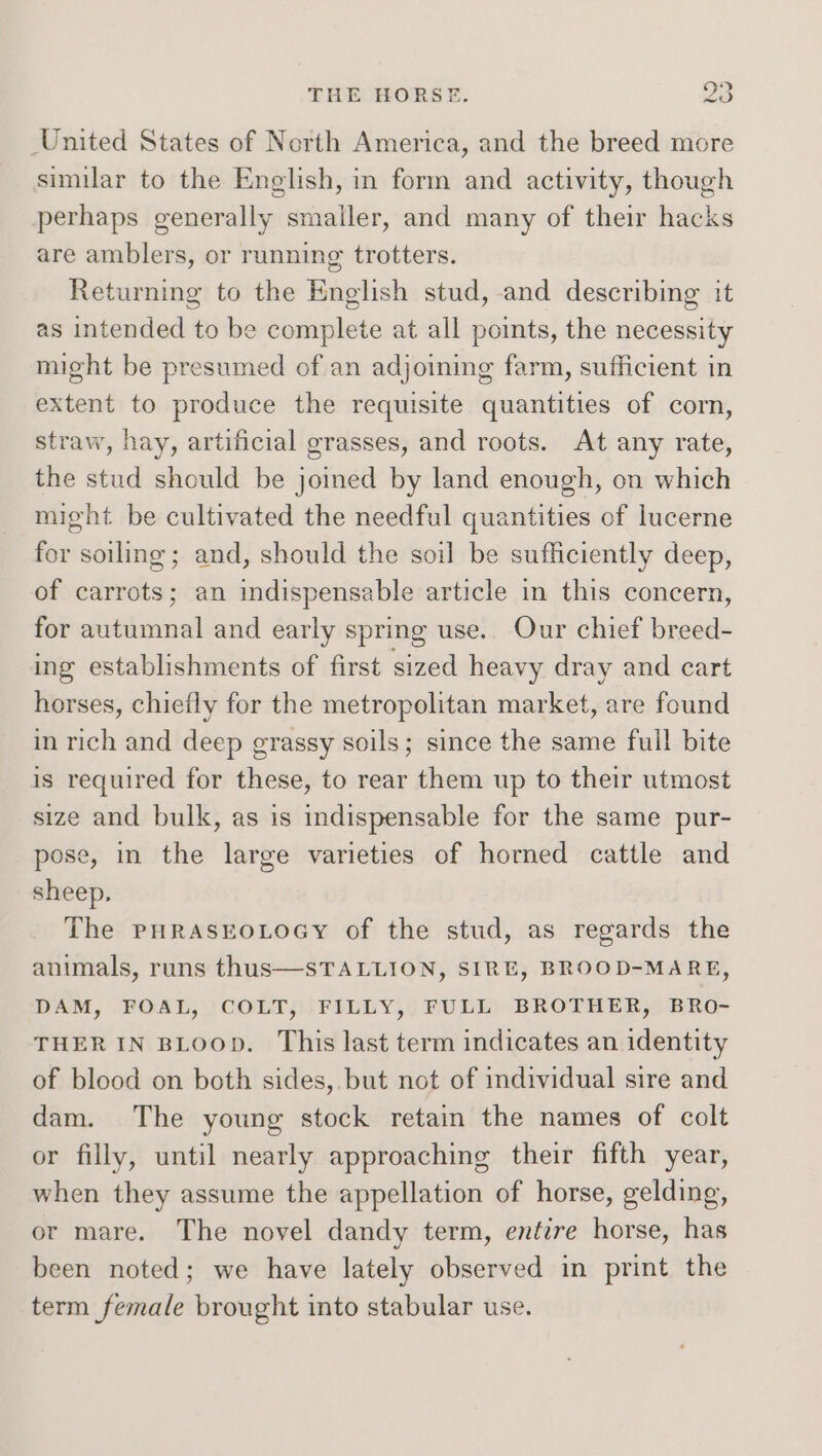 United States of North America, and the breed more simular to the English, in form and activity, though perhaps generally smaller, and many of their hacks are amblers, or running trotters. Returning to the English stud, -and describing it as intended to be complete at all points, the necessity might be presumed of an adjoining farm, sufficient in extent to produce the requisite quantities of corn, straw, hay, artificial grasses, and roots. At any rate, the stud should be joined by land enough, on which might be cultivated the needful quantities of lucerne for soiling; and, should the soil be sufficiently deep, of carrots; an indispensable article in this concern, for autumnal and early spring use.. Our chief breed- ing establishments of first sized heavy dray and cart horses, chiefly for the metropolitan market, are found in rich and deep grassy soils; since the same full bite is required for these, to rear them up to their utmost size and bulk, as is indispensable for the same pur- pose, in the large varieties of horned cattle and sheep. The PHRASEOLOGY of the stud, as regards the animals, runs thus—STALLION, SIRE, BROOD-MARE, DAM, FOAL, COLT, FILLY, FULL BROTHER, BRO- THER IN BLOOD. This last term indicates an identity of blood on both sides, but not of individual sire and dam. The young stock retain the names of colt or filly, until nearly approaching their fifth year, when they assume the appellation of horse, gelding, or mare. The novel dandy term, entire horse, has been noted; we have lately observed in print the term female brought into stabular use.