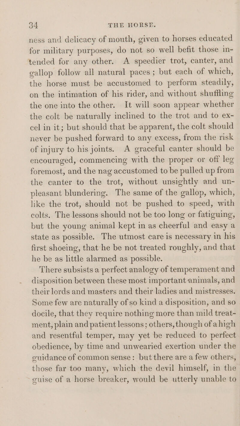 9 ness and delicacy of mouth, given to horses educated for military purposes, do not so well befit those in- tended for any other. A speedier trot, canter, and gallop follow all natural paces ; but each of which, the horse must be accustomed to perform steadily, on the intimation of his rider, and without shuffling the one into the other. It will soon appear whether the colt be naturally inclined to the trot and to ex- cel in it; but should that be apparent, the colt should never be pushed forward to any excess, from the risk of injury to his joints. A graceful canter should be encouraged, commencing with the proper or off leg foremost, and the nag accustomed to be pulled up from the canter to the trot, without unsightly and un- pleasant blundering. The same of the gallop, which, like the trot, should not be pushed to speed, with colts. The lessons should not be too long or fatiguing, but the young animal kept in as cheerful and easy a state as possible. The utmost care is necessary in his first shoeing, that he be not treated roughly, and that he be as little alarmed as possible. There subsists a perfect analogy of temperament and disposition between these most important animals, and their lords and masters and their ladies and mistresses. Some few are naturally of so kind a disposition, and so docile, that they require nothing more than mild treat- ment, plain and patient lessons; others, though of a high and resentful temper, may yet be reduced to perfect obedience, by time and unwearied exertion under the guidance of common sense: but there are a few others, those far too many, which the devil himself, in the cuise of a horse breaker, would be utterly unable to