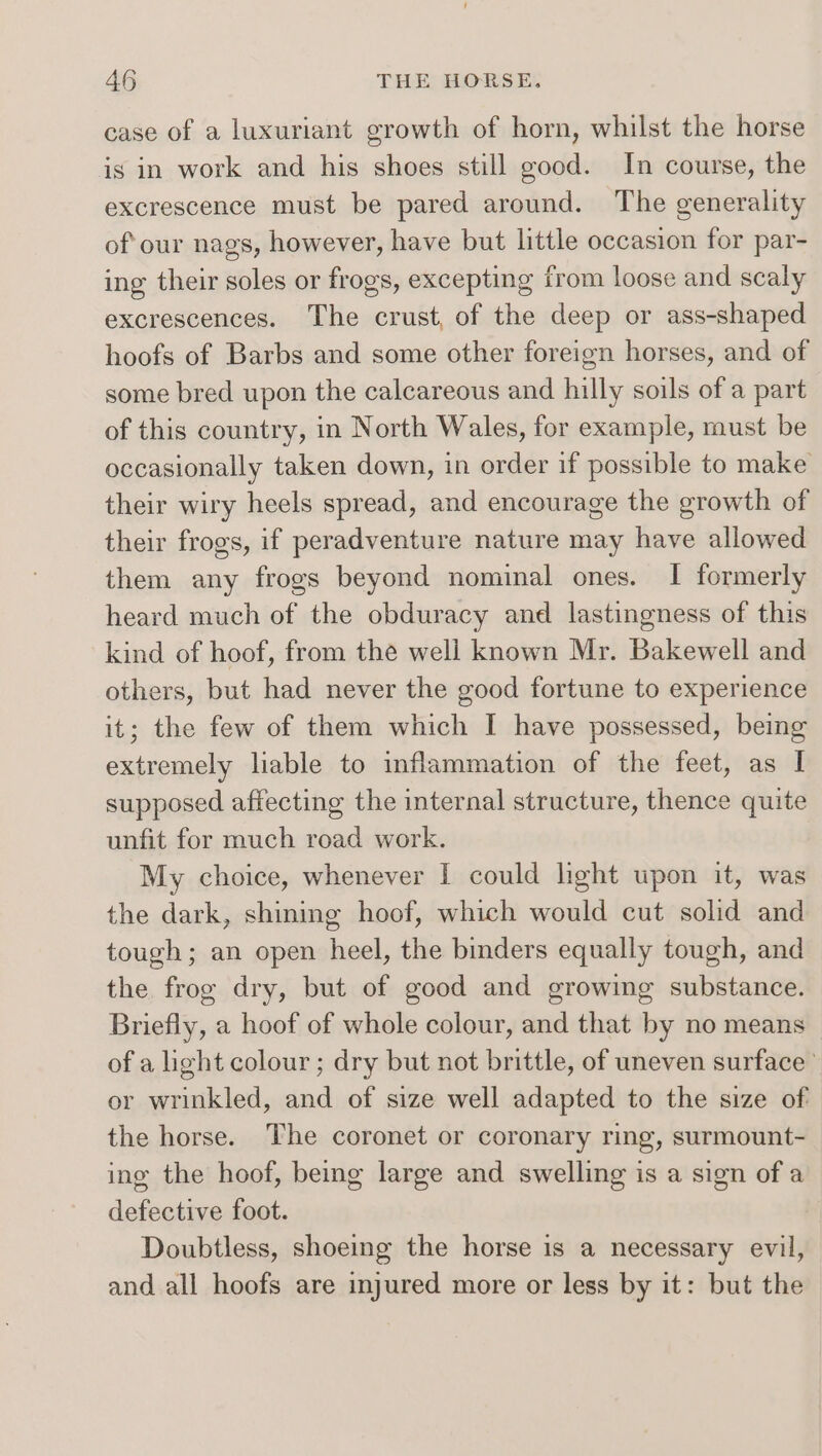 case of a luxuriant growth of horn, whilst the horse is in work and his shoes still good. In course, the excrescence must be pared around. The generality of our nags, however, have but little occasion for par- ing their soles or frogs, excepting from loose and scaly excrescences. The crust, of the deep or ass-shaped hoofs of Barbs and some other foreign horses, and of some bred upon the calcareous and hilly soils of a part of this country, in North Wales, for example, must be occasionally taken down, in order if possible to make their wiry heels spread, and encourage the growth of their frogs, if peradventure nature may have allowed them any frogs beyond nominal ones. I formerly heard much of the obduracy and lastingness of this kind of hoof, from the well known Mr. Bakewell and others, but had never the good fortune to experience it; the few of them which I have possessed, being extremely liable to inflammation of the feet, as I supposed affecting the internal structure, thence quite unfit for much road work. My choice, whenever I could light upon it, was the dark, shinmg hoof, which would cut solid and tough; an open heel, the binders equally tough, and the frog dry, but of good and growing substance. Briefly, a hoof of whole colour, and that by no means of a light colour ; dry but not brittle, of uneven surface | or wrinkled, and of size well adapted to the size of the horse. The coronet or coronary ring, surmount- ing the hoof, being large and swelling is a sign of a defective foot. Doubtless, shoeing the horse is a necessary evil, and all hoofs are injured more or less by it: but the