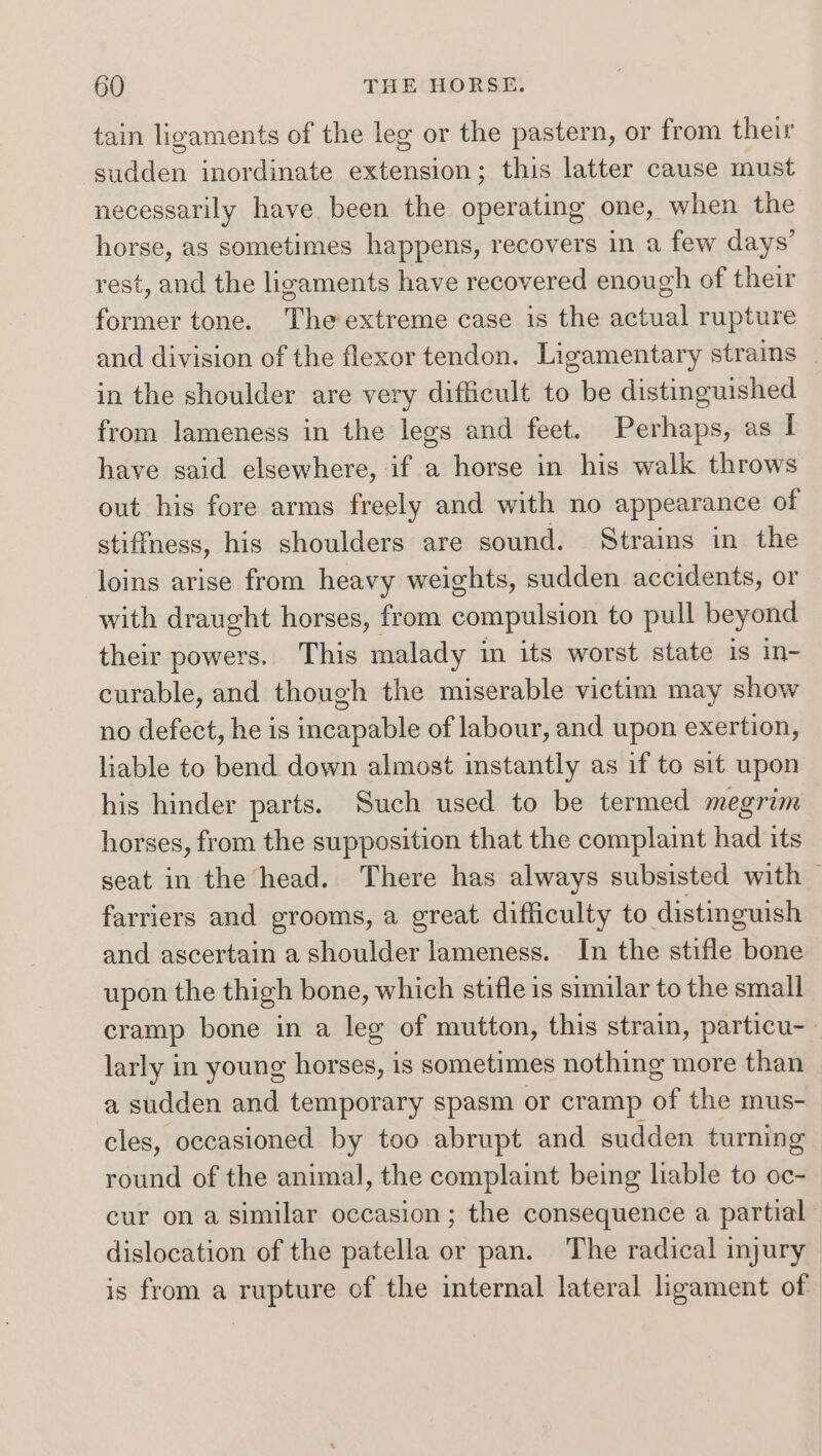 tain ligaments of the leg or the pastern, or from their sudden inordinate extension; this latter cause must necessarily have been the operating one, when the horse, as sometimes happens, recovers in a few days’ rest, and the ligaments have recovered enough of their former tone. The extreme case is the actual rupture and division of the flexor tendon. Ligamentary strains _ in the shoulder are very difficult to be distinguished from lameness in the legs and feet. Perhaps, as I have said elsewhere, if a horse in his walk throws out his fore arms freely and with no appearance of stiffness, his shoulders are sound. Strains in the loins arise from heavy weights, sudden accidents, or with draught horses, from compulsion to pull beyond their powers. This malady in its worst state is in- curable, and though the miserable victim may show no defect, he is incapable of labour, and upon exertion, liable to bend down almost instantly as if to sit upon his hinder parts. Such used to be termed megrim horses, from the supposition that the complaint had its seat in the head. There has always subsisted with | farriers and grooms, a great difficulty to distinguish and ascertain a shoulder lameness. In the stifle bone upon the thigh bone, which stifle is similar to the small cramp bone in a leg of mutton, this strain, particu-. larly in young horses, is sometimes nothing more than a sudden and temporary spasm or cramp of the mus- cles, occasioned by too abrupt and sudden turning round of the animal, the complaint being liable to oc- cur on a similar occasion; the consequence a partial dislocation of the patella or pan. The radical injury is from a rupture of the internal lateral ligament of