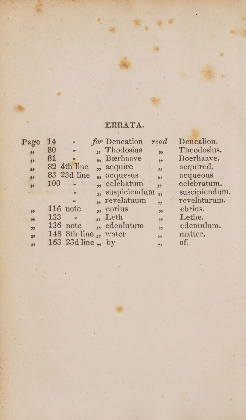 sat Fee Ny i e 4 : 3 i, . . = e : ERRATA. ; Page 14 - for Deucation read pAation. » BO ° » Thodosius » Theodosius. a ee - » Borhaave $s Boerhaave. yg «=—s 8D Att Tine 4, acquire os acquired. » 83 23d line ,, acquesus na acqueous ae OO » celebatum § ,, celebratum. é - y»» suspiciendum ,, suscipiendum. - » revelatuum ,, revelaturum. » 116 note 35 COrius 3 ebrius. ee Oo ae 3 dseth - Lethe. » - 236 note. , edenlutum ,, edeniulum. » 148 8th line,, water ss matter. » #63 23d lhe.,, by  of.