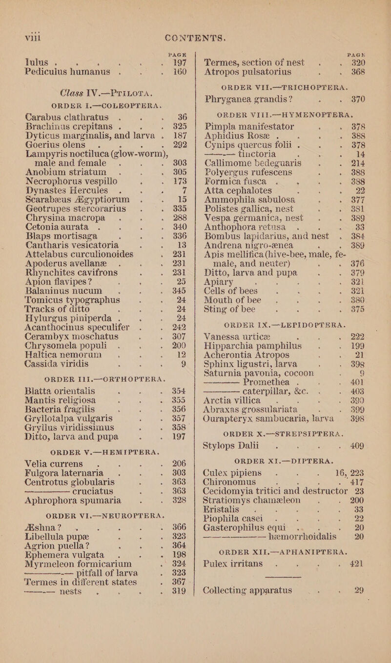 PAGE fulus . ; A : . 197 Pedicuius humanus . . —. 160 Class 1V.—PTiLova. ORDER 1.—COLEOPTERA. Carabus clathratus . : . 36 Brachinus crepitans . * 325 Dyticus marginalis, and larva . 187 Goerius olens. 292 Lampyris noctiluca (glow- worm), male and female. ‘ 303 Anobium striatum. ; . 305 Necrophorus vespillo : . 973 Dynastes Hercules . : , if Scarabeus Agyptiorum . PES Geotrupes stercorarius . . 335 Chrysina macropa. ‘ . 288 Cetoniaaurata . : : . 840 Blaps mortisaga 4 : . 3836 Cantharis vesicatoria : A ais: Attelabus curculionoides . 231 Apoderus avellane . ; . 231 Rhynchites cavifrons ‘ » 281 Apion flavipes ? : ' Pe ses Balaninus nucum =. : . 345 Tomicus fp graphs A . 24 Tracks of ditto : wy BOA Hylurgus piniperda . ‘ ~ 224 Acanthocinus speculifer . . 242 Cerambyx moschatus i . 307 Chrysomela populi_ . ’ . 200 Halticanemorum . ‘ or Tel Cassida. viridis : : ; ) ORDER I1].—ORTHOPTERA. Blatta orientalis , ; . 854 Mantis religiosa : j $0 BOD, Bacteria fragilis : : . 356 Gryllotalpa vulgaris ; . 357 Gryllus viridissimus ‘ . 358° Ditto, larva and pupa : . 197 ORDER V.—HEMIPTERA. Veliacurrens. : é . 206 Fulgora laternaria.. : . 803 Centrotus globularis ‘ . 363 —————- cruciatus é . 363 Aphrophora spumaria : . 328 ORDER VI.—NEUROPTERA. Aishna? . : : : . 366 Libellula pupze : , . 323 Agrion puella? 8 : . 364 Ephemera vulgata_. : - 198 Myrmeleon formicarium . 324 Saino pitfall of larva . 323 Termes in different states 1 367. ———-— nests. : : . 319 PAGH Termes, section of nest. . 320 Atropos pulsatorius : . 368 ORDER VII.—TRICHOPTERA. Phryganea grandis? 3 . 870 ORDER VIII.—HYMENOPTERA. Pimpla manifestator : . 9378 Aphidius Rose . é : . 9388 Cynips quercus folii . : - 378 ——-— tinctoria ‘ : - 14 Callimome bedeguaris . . 214 Polyergus rufescens : . 3888 Formica fusca . : : . 3888 Atta cephalotes : ; + 222 Ammophila sabulosa ; Oui Polistes gallica, nest : Ob aie! Vespa germanica, nest. . 889 Anthophora retusa . mos Bombus lapidarius, and nest . 384 Andrena nigro-enea 389 Apis mellifica (hive-bee, male, fe- male, and neuter) ; . 376 Ditto, larva and bee : . 3879 Apiary é : : . 3821 Cells of bees : : : oe Mouth of bee. : : . $880 Sting of bee : . : ren Y (3) ORDER 1X.—LEPIDOPTERA. Vanessa urtice : . 222 Hipparchia pamphilus , . 199 Acherontia Atropos ; eel Sphinx ligustri, larva : . 398 Saturnia pavonia, cocoon . 9 ———-— Promethea . : . 401 ———— caterpillar, &amp;c. . » 408 Arctia villica . : . 3890 Abraxas erosstlariata ; . 399 Our apteryx sambucaria, larva 398 ORDER X.—STREPSIPTERA. Stylops Dalii g ‘ . 409 ORDER XI.—DIPTERA. Culex pipiens 16, 223 Chironomus 417 Cecidomyia tr itici and destructor 23 Stratiomys chameleon , . 200 Eristalis . : ; ; a) 88 Piophila casei. : ; 5 BE Gasterophilus equi 2 ——————— hemorr hoidalis 20 ORDER XII.—APHANIPTERA. Collecting apparatus ; ie29