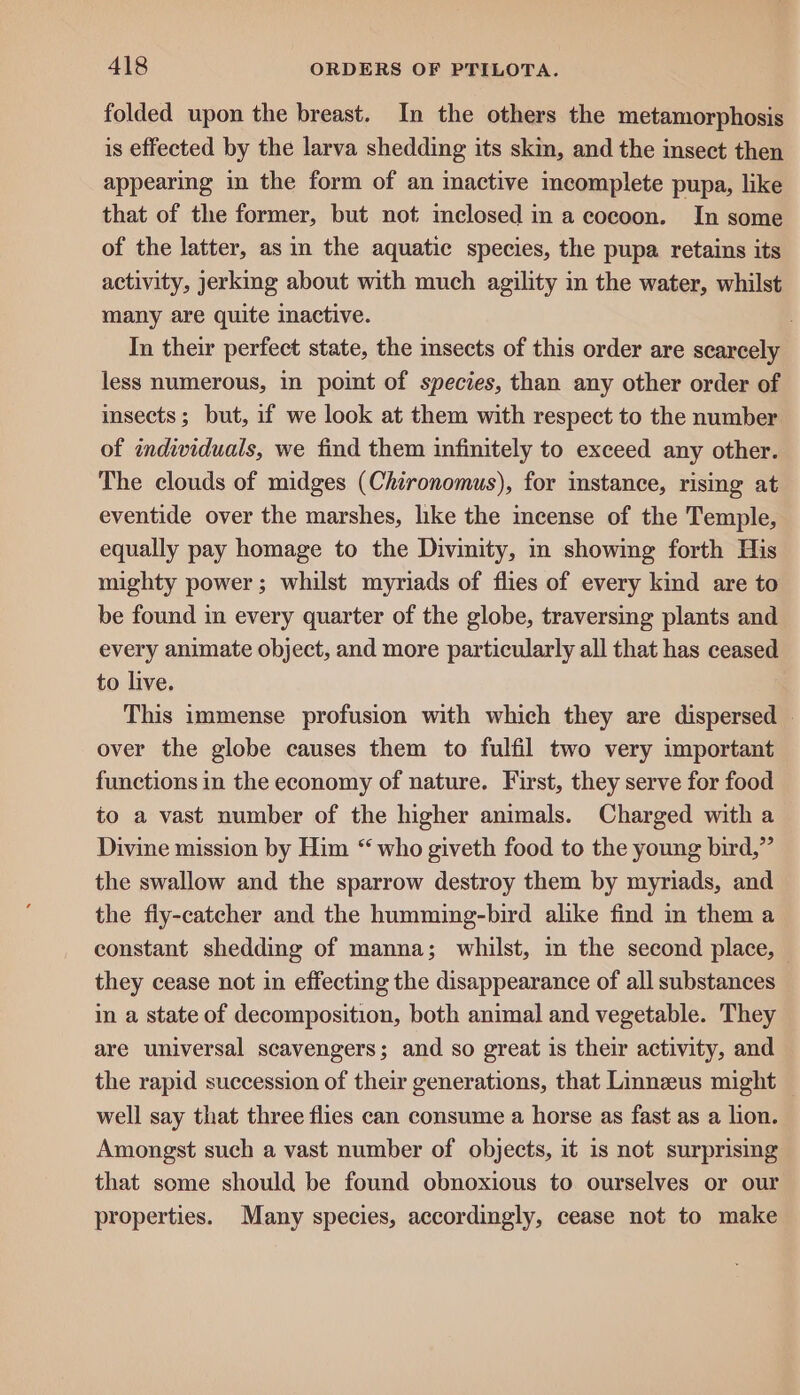 folded upon the breast. In the others the metamorphosis is effected by the larva shedding its skin, and the insect then appearing in the form of an inactive incomplete pupa, like that of the former, but not inclosed in a cocoon. In some of the latter, as in the aquatic species, the pupa retains its activity, jerking about with much agility in the water, whilst many are quite inactive. In their perfect state, the insects of this order are scarcely less numerous, in point of species, than any other order of insects; but, if we look at them with respect to the number of individuals, we find them infinitely to exceed any other. The clouds of midges (Chironomus), for instance, rising at eventide over the marshes, hke the incense of the Temple, equally pay homage to the Divinity, in showmg forth His mighty power; whilst myriads of flies of every kind are to be found in every quarter of the globe, traversing plants and every animate object, and more particularly all that has ceased to live. This immense profusion with which they are dispersed © over the globe causes them to fulfil two very important functions in the economy of nature. First, they serve for food to a vast number of the higher animals. Charged with a Divine mission by Him “ who giveth food to the young bird,” the swallow and the sparrow destroy them by myriads, and the fiy-catcher and the humming-bird alike find in them a constant shedding of manna; whilst, in the second place, — they cease not in effecting the disappearance of all substances in a state of decomposition, both animal and vegetable. They are universal scavengers; and so great is their activity, and the rapid succession of their generations, that Linnzeus might — well say that three flies can consume a horse as fast as a lion. Amongst such a vast number of objects, it is not surprising that some should be found obnoxious to ourselves or our properties. Many species, accordingly, cease not to make