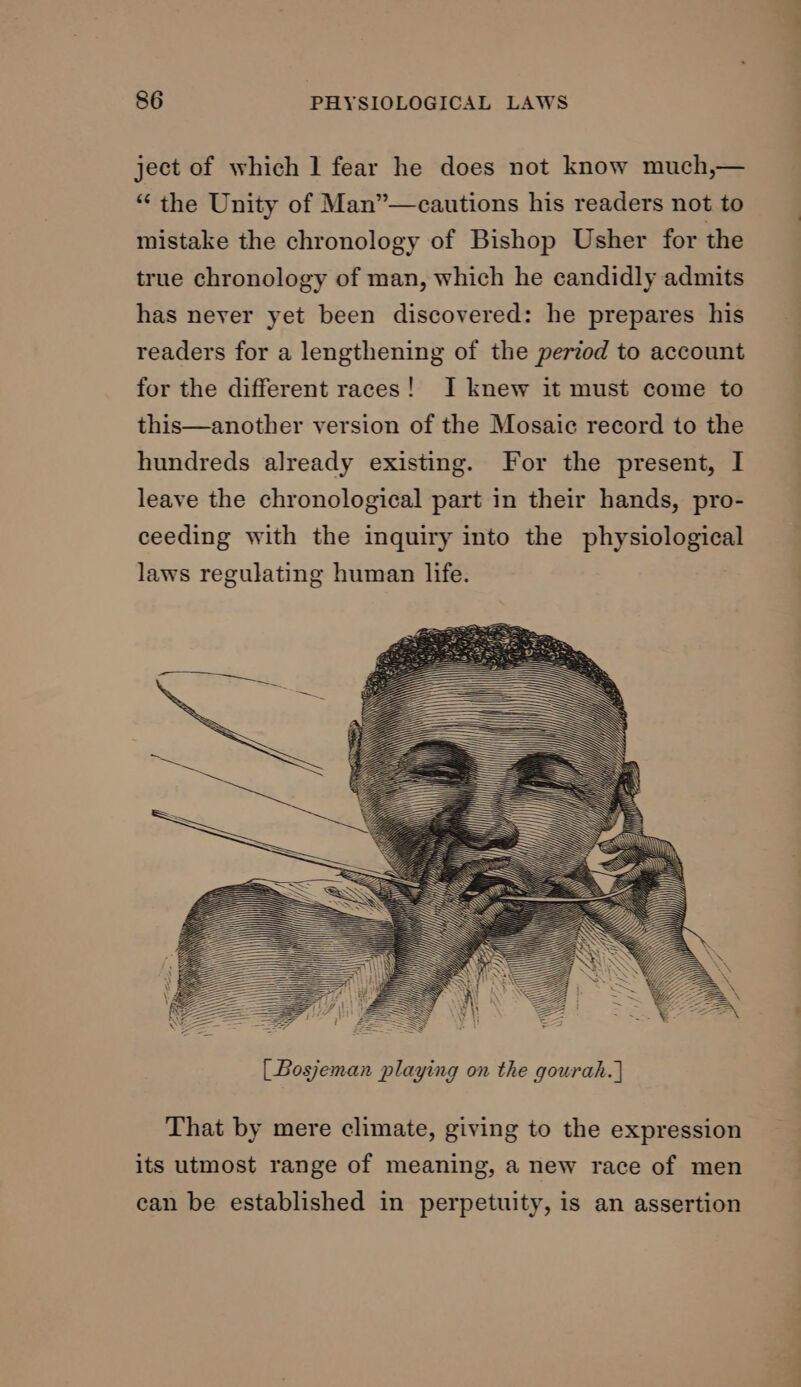 ject of which 1 fear he does not know much,— “ the Unity of Man”—cautions his readers not to mistake the chronology of Bishop Usher for the true chronology of man, which he candidly admits has never yet been discovered: he prepares his readers for a lengthening of the period to account for the different races! I knew it must come to this—another version of the Mosaic record to the hundreds already existing. For the present, I leave the chronological part in their hands, pro- ceeding with the inquiry into the physiological laws regulating human life. That by mere climate, giving to the expression its utmost range of meaning, a new race of men can be established in perpetuity, is an assertion