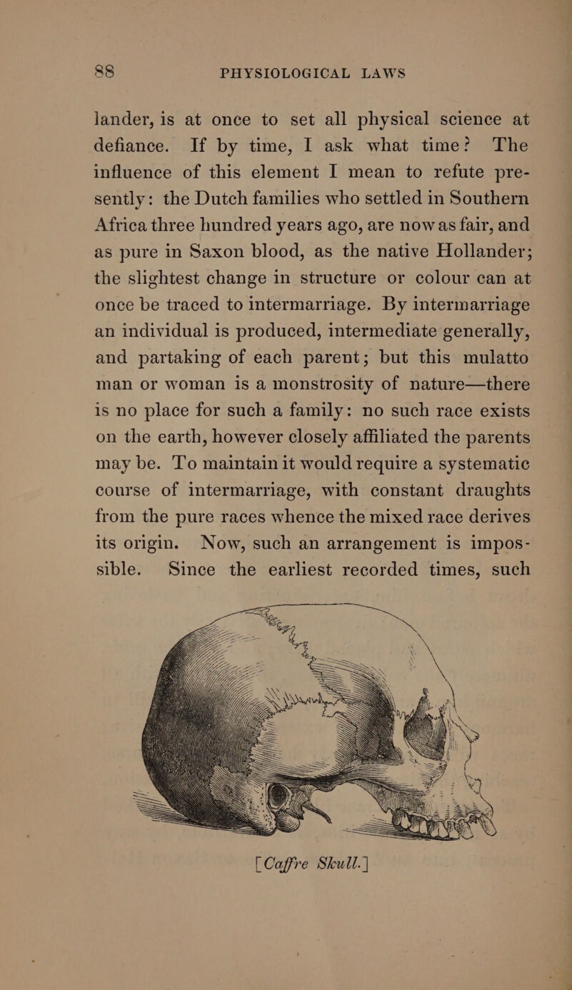lander, is at once to set all physical science at defiance. If by time, I ask what time? The influence of this element I mean to refute pre- sently: the Dutch families who settled in Southern Africa three hundred years ago, are nowas fair, and as pure in Saxon blood, as the native Hollander; the slightest change in structure or colour can at once be traced to intermarriage. By intermarriage an individual is produced, intermediate generally, and partaking of each parent; but this mulatto man or woman is a monstrosity of nature—there is no place for such a family: no such race exists on the earth, however closely affiliated the parents may be. To maintain it would require a systematic course of intermarriage, with constant draughts from the pure races whence the mixed race derives its origin. Now, such an arrangement is impos- sible. Since the earliest recorded times, such
