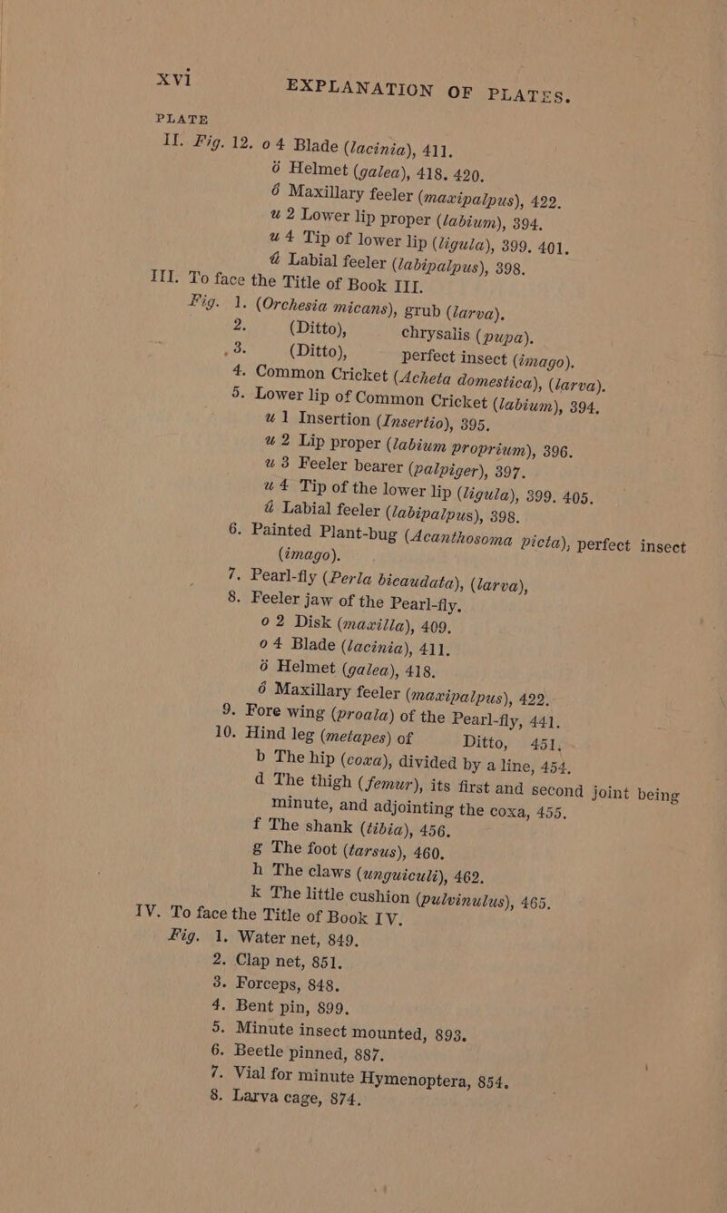 PLATE II. Fig. 12. 0 4 Blade (lacinia), 411. 6 Helmet (galea), 418. 420, 6 Maxillary feeler (maxipalpus), aoe u 2 Lower lip proper (/abium), 394, u4 Tip of lower lip (liguda), 399. 401, @ Labial feeler (labipalpus), 398. III. To face the Title of Book III. Fig. 1. (Orchesia micans), grub (larva). 2. (Ditto), chrysalis (papa), aoe (Ditto), perfect insect (émago). 4. Common Cricket (Acheta domestica), (larva). 5. Lower lip of Common Cricket (labiwm), 394, wu 1 Insertion (Insertio), 395, #% 2 Lip proper (labium Proprium), 396. wu 3 Feeler bearer (palpiger), 397. u4 Tip of the lower lip (ligula), 399, 405. a Labial feeler (labipaipus), 398. 6. Painted Plant-bug (Acanthosoma picta), perfect insect (tmago). 7. Pearl-fly (Perla bicaudata), (larva), 8. Feeler jaw of the Pearl-fly, 02 Disk (maxilla), 409, o4 Blade (lacinia), 411. 6 Helmet (galea), 418. 6 Maxillary feeler (maxipalpus), 422. 9. Fore wing (proala) of the Pearl-fly, 441, 10. Hind leg (metapes) of Ditto, 451, b The hip (coxa), divided by a line, 454, d The thigh ( femur), its first and second joint being minute, and adjointing the coxa, 455. f The shank (tibia), 456. g The foot (tarsus), 460. h The claws (wnguiculi), 462. k The little cushion (pulvinulus), 465. IV. To face the Title of Book IV. Fig. 1. Water net, 849. 2. Clap net, 851. 3. Forceps, 848. - Bent pin, 899. - Minute insect mounted, 893. - Beetle pinned, 887. \ . Vial for minute Hymenoptera, 854. - Larva cage, 874. oo Ost SD