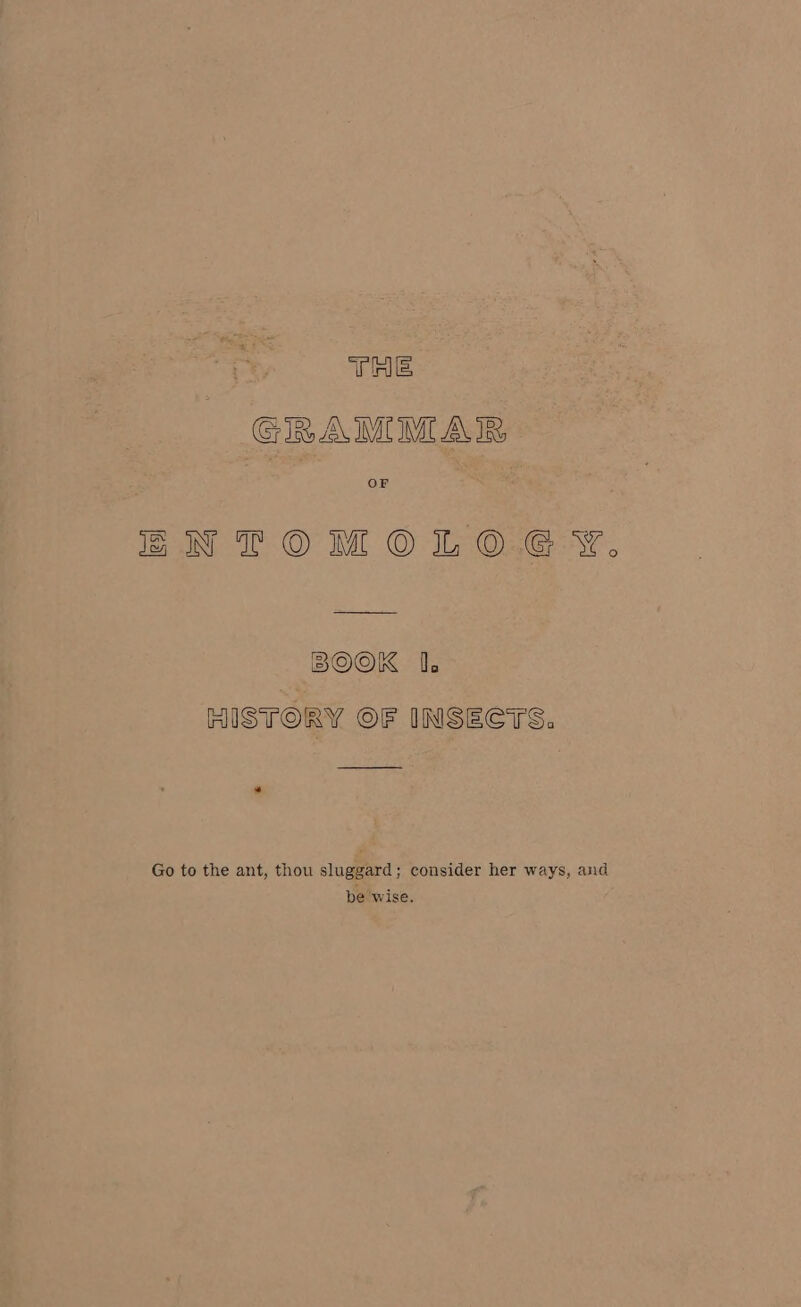 THE GRA MOM Als OF mxZ&amp;NWTOMOLO EG Y, BOOK 1. HISTORY OF INSECTS. Go to the ant, thou sluggard; consider her ways, and be wise.