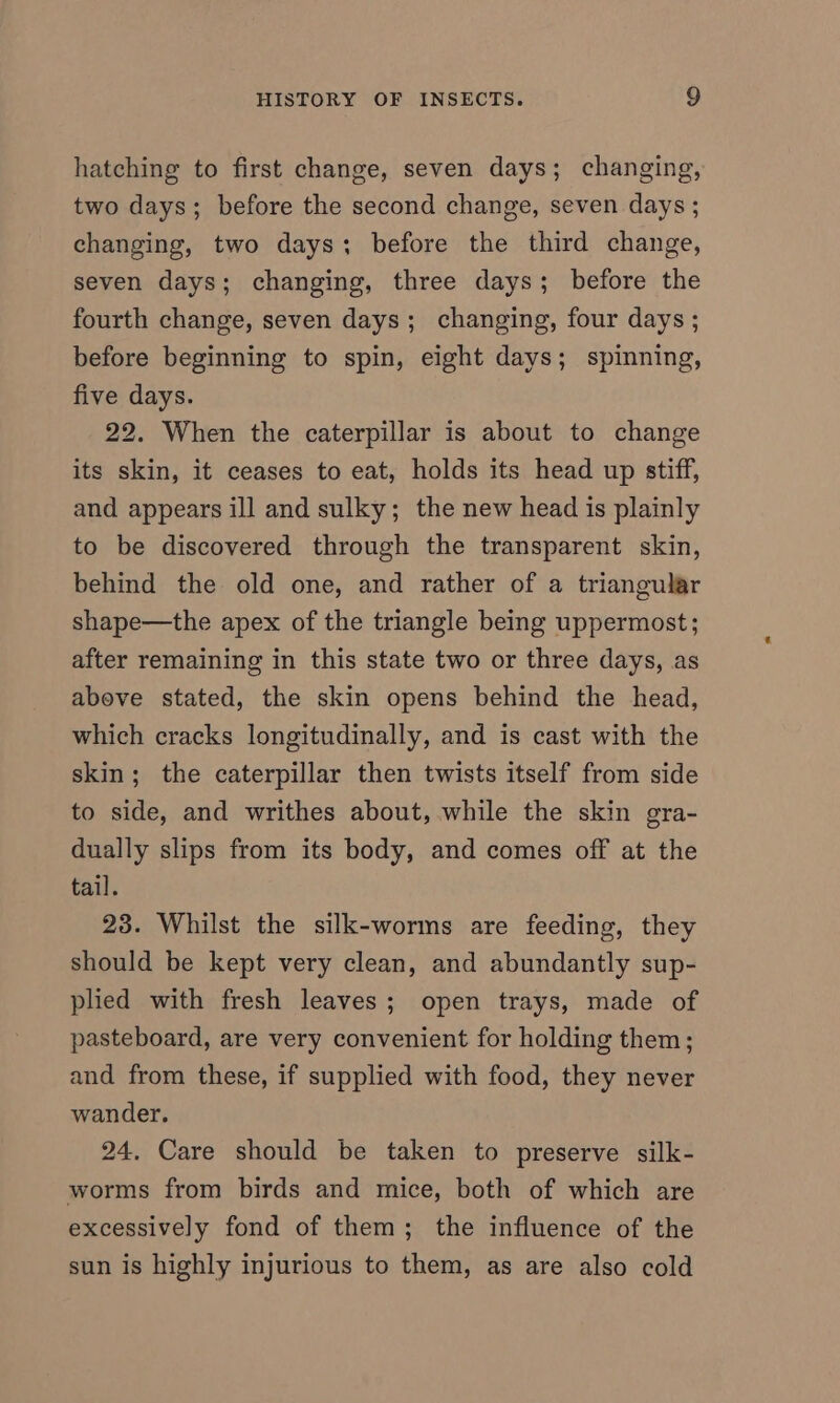 hatching to first change, seven days; changing, two days; before the second change, seven days ; changing, two days; before the third change, seven days; changing, three days; before the fourth change, seven days; changing, four days ; before beginning to spin, eight days; spinning, five days. 22. When the caterpillar is about to change its skin, it ceases to eat, holds its head up stiff, and appears ill and sulky; the new head is plainly to be discovered through the transparent skin, behind the old one, and rather of a triangular shape—the apex of the triangle being uppermost; after remaining in this state two or three days, as abeve stated, the skin opens behind the head, which cracks longitudinally, and is cast with the skin; the caterpillar then twists itself from side to side, and writhes about, while the skin gra- dually slips from its body, and comes off at the tail. 23. Whilst the silk-worms are feeding, they should be kept very clean, and abundantly sup- plied with fresh leaves; open trays, made of pasteboard, are very convenient for holding them; and from these, if supplied with food, they never wander. 24, Care should be taken to preserve silk- worms from birds and mice, both of which are excessively fond of them; the influence of the sun is highly injurious to them, as are also cold