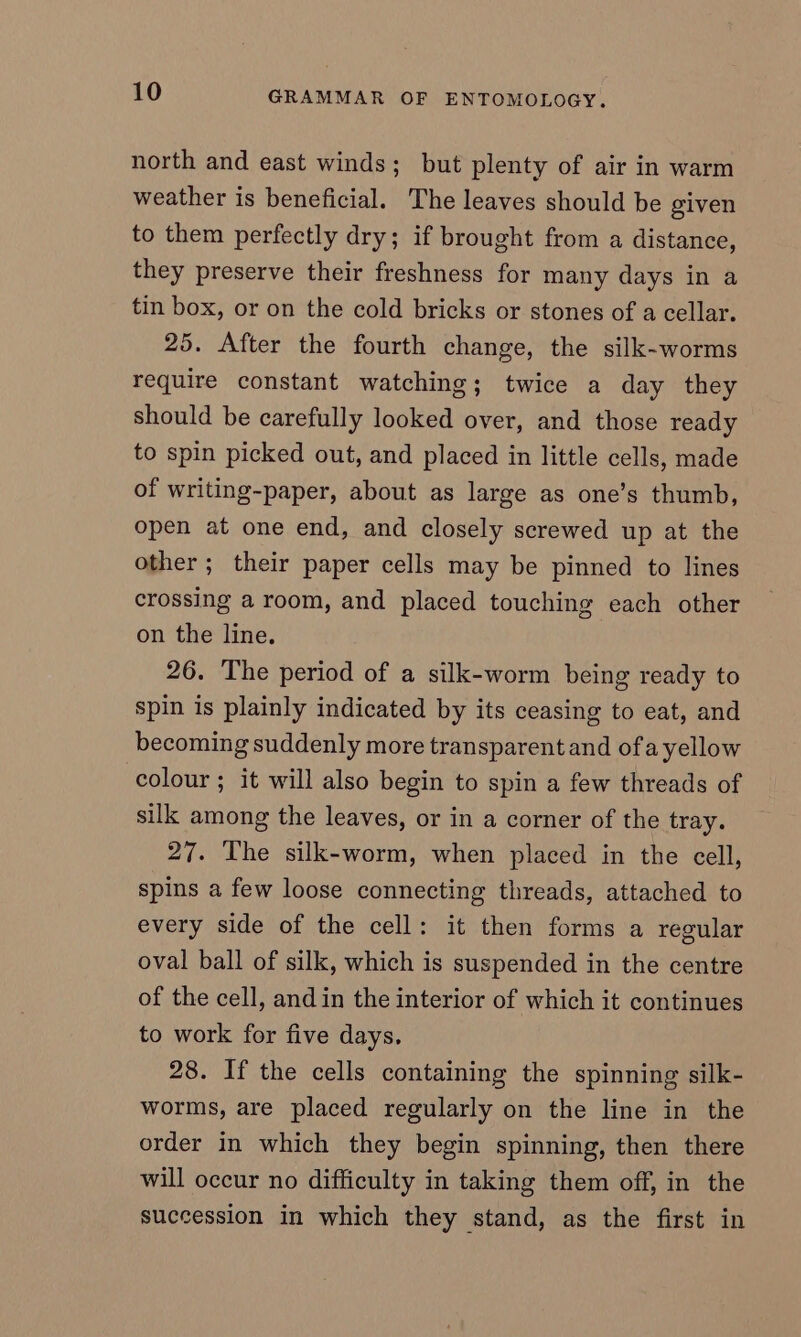 north and east winds; but plenty of air in warm weather is beneficial. The leaves should be given to them perfectly dry; if brought from a distance, they preserve their freshness for many days in a tin box, or on the cold bricks or stones of a cellar. 25. After the fourth change, the silk-worms require constant watching; twice a day they should be carefully looked over, and those ready to spin picked out, and placed in little cells, made of writing-paper, about as large as one’s thumb, open at one end, and closely screwed up at the other; their paper cells may be pinned to lines crossing a room, and placed touching each other on the line. 26. The period of a silk-worm being ready to spin is plainly indicated by its ceasing to eat, and becoming suddenly more transparent and of a yellow colour ; it will also begin to spin a few threads of silk among the leaves, or in a corner of the tray. 27. The silk-worm, when placed in the cell, spins a few loose connecting threads, attached to every side of the cell: it then forms a regular oval ball of silk, which is suspended in the centre of the cell, and in the interior of which it continues to work for five days. 28. If the cells containing the spinning silk- worms, are placed regularly on the line in the order in which they begin spinning, then there will occur no difficulty in taking them off, in the succession in which they stand, as the first in