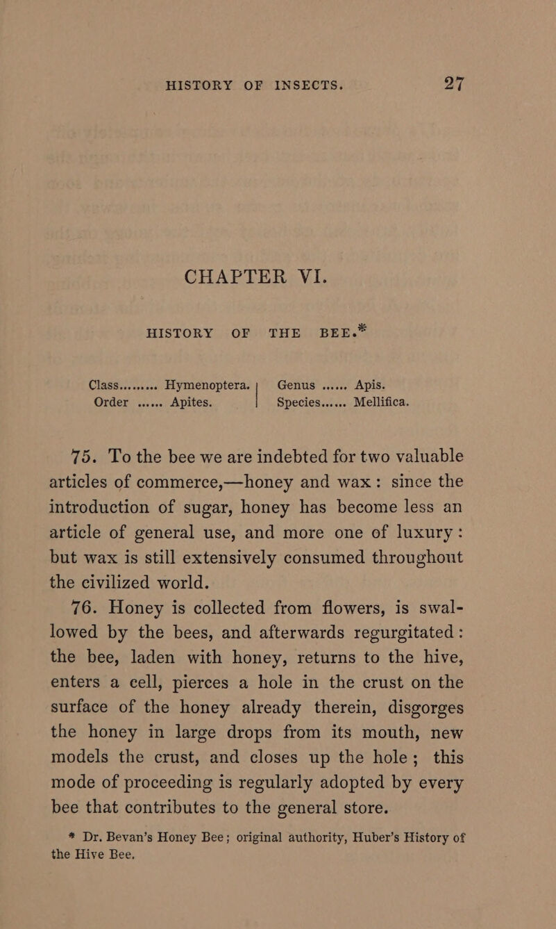 CHAPTER VI. HISTORY OF THE BEE.™ CTasates snes Hymenoptera. Genus ...... Apis. LAETIN sev ses Apites. Species...... Mellifica. 75. To the bee we are indebted for two valuable articles of commerce,—honey and wax: since the introduction of sugar, honey has become less an article of general use, and more one of luxury: but wax is still extensively consumed throughout the civilized world. 76. Honey is collected from flowers, is swal- lowed by the bees, and afterwards regurgitated : the bee, laden with honey, returns to the hive, enters a cell, pierces a hole in the crust on the surface of the honey already therein, disgorges the honey in large drops from its mouth, new models the crust, and closes up the hole; this mode of proceeding is regularly adopted by every bee that contributes to the general store. * Dr. Bevan’s Honey Bee; original authority, Huber’s History of the Hive Bee.