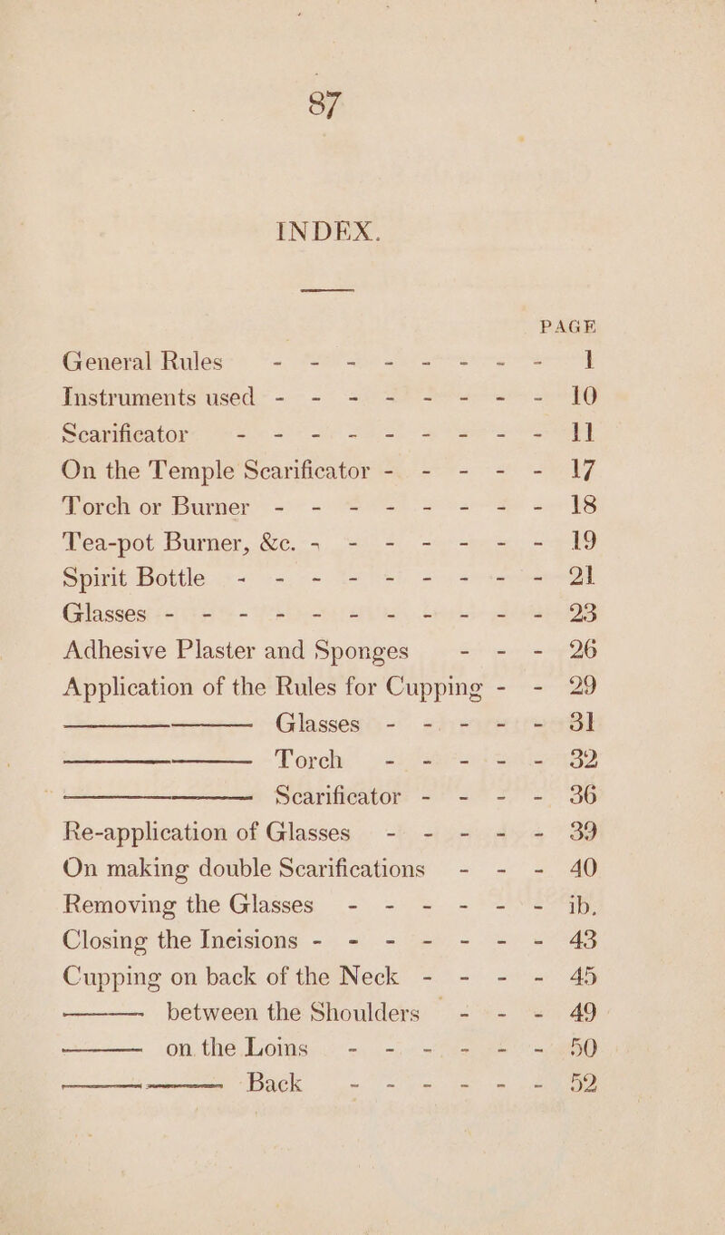 INDEX. General Rules = RE Shan Baan: Instruments used - - - - - - Scampeator. &gt; =) i 23S On the Temple Scarificator - - - Torch or Burner - - - - - - Tea-pot Burner, &amp;c. 5 - - - - Spirit Bottle - - - - - - - Ghssessrta = yt fee Adhesive Plaster and Sponges Application of the Rules for Cupping Glasses - - - Torch - - - Scarificator - - Re-application of Glasses - - - On making double Scarifications —- Removing the Glasses - - - - Closing the Incisions - - - - - Cupping on back of the Neck - - between the Shoulders = On the Lotisiow =, ois Back Rally ria: ere