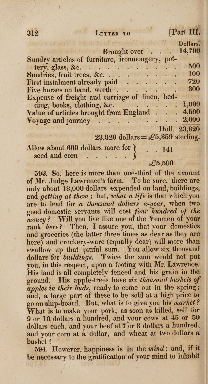 Dollars. | Brought over . . . 14,700 Sundry articles of furniture, ironmongery, pot- i tGey adap Bol te PO Oe OLD Oe Sundries, fruit trees, &amp;e. .29. 2 a 108 First instalment already paid . . . . . + 720 Five horses on hand, worth. . . . . . . 300 Expense of freight and carriage of linen, bed- ding, books, clothing, &amp;c. . . ¢ 1,000 Value of articles brought from England . . . 4,500 — Voyage and journey. ORE Oe) | , Doll. 23,820 23,820 dollars= £5,359 sterling. Allow about 600 dollars more for 44d seedandcorn . ... . £5,500 593. So, here is more than one-third of the amount of Mr. Judge Lawrence’s farm. To be sure, there are only about 18,000 dollars expended on land, buildings, and getting at them ; but, what a life is that which you are to lead for a thousand dollars a-year, when two good domestic servants will cost four hundred of the money ? Will you live like one of the Yeomen of your rank here? Then, I assure you, that your domestics and groceries (the latter three times as dear as they are here) and crockery-ware (equally dear) will more than swallow up that pitiful sum. You allow six thousand dollars for buildings. Twice the sum would not put you, in this respect, upon a footing with Mr. Lawrence. His land is all completely fenced and his grain im the eround: His apple-trees have six thousand bushels of apples in their buds, ready to come out in the spring; and, a large part of these to be sold at a high price to go on ship-board. But, what is to give you his market e What is to make your pork, as soon‘as killed, sell for 9 or 10 dollars a hundred, and your cows at 45 or 50 dollars each, and your beef at 7 or 8 dollars a hundred, and your corn at a dollar, and wheat at two dollars a bushel ? | 594. However, happiness is in the mind; and, if it be necessary to the gratification of your mind to inhabit