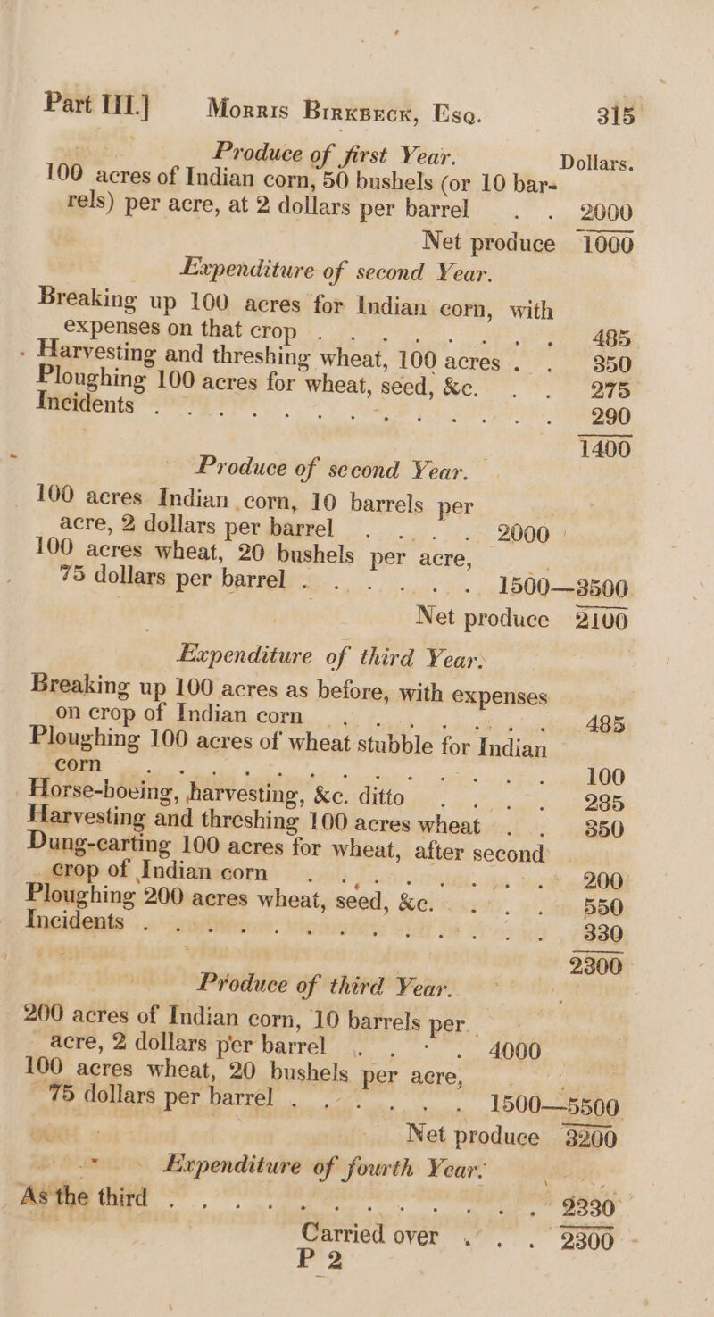 Bias). Produce of first Year. Dollars, 100 acres of Indian corn, 50 bushels (or 10 bar- rels) per acre, at 2 dollars per barrel . . 2000 Net produce 1000 Expenditure of second Year. Breaking up 100 acres for Indian corn, with expenses on thaticrop po ke ar at ai - Harvesting and threshing wheat, 100 acres. . 350 Ploughing 100 acres for wheat, seed, &e. . . 275 Peeenig Sere re ae 290 | 1400 Produce of second Year. © 100 acres Indian corn, 10 barrels per acre, 2 dollars per barrel . . . . 2000. 100 acres wheat, 20 bushels per acre, : 75 dollars per barrel Mis, +. nye. », 1500—3500 Net produce 2100 Expenditure of third Year. Breaking up 100 acres as before, with expenses oncropof Indiancom ... . . ..,.... 495 Ploughing 100 acres of wheat stubble for Indian a le i oP act, ee te EO Horse-hoving, harvesting, &e. ditto. | . 285 Harvesting and threshing 100 acres wheat . . 350 Dung-carting 100 acres for wheat, after second: _ crop of Indian corn. pp lty HR. 4s tai DOG Ploughing 200 acres wheat, seed, &e.. 2... BBO RAGieR en xs ccoeesicre Whe trate Sst oe Boo Se, 330 Produce of third Year. a 200 acres of Indian corn, 10 barrels per. _acre, 2 dollars per barrel . . - . 4000 100 acres wheat, 20 bushels per acre, $ 75 dollars per Li ia elma” agli a 1500—5500 Net produce 3200 Expenditure of fourth Year: pee 8 ee) RE Wy Gary wakes Carried over . . . 2300 - P 2 Part