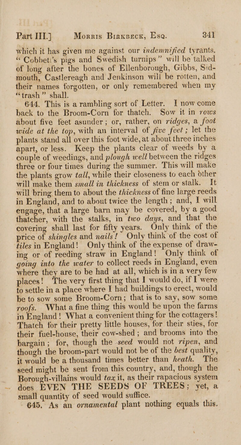 which it has given me against our indemnified tyrants. “ Cobbeti’s pigs and Swedish turnips” will be talked of long after the bones of Ellenborough, Gibbs, Sid- mouth, Castlereagh and Jenkinson wili be rotten, and their names forgotten, or only remembered when my “trash” shall. - 644. This is a rambling sort of Letter. | now come back to the Broom-Corn for thatch. Sow it in rows about five feet asunder; or, rather, on ridges, a foot wide at the top, with an interval of jive feet ; let the plants stand all over this foot wide, at about three inches apart, or less. Keep the plants clear of weeds by a couple of weedings, and plough well between the ridges three or four times during the summer. This will make the plants grow tall, while their closeness to each other will make them small in thickness of stem or stalk. It will bring them to about the thickness of fine large reeds in England, and to about twice the length; and, I will engage, that a large barn may be covered, by a good thatcher, with the stalks, in two days, and that the covering shall last for fifty years. Only think of the price of shingles and nails! Only think of the cost of tiles in England! Only think of the expense of draw- ing or of reeding straw in England! Only think of going into the water to collect reeds in England, even where they are to be had at all, which is in a very few places! The very first thing that I would do, if I were to settle in a place where I had buildings to erect, would be to sow some Broom-Corn; that is to say, sow some roofs. What a fine thing this would be upon the farms in England! What a convenient thing for the cottagers! Thatch for their pretty little houses, for their sties, for their fuel-house, their cow-shed ; and brooms into the bargain; for, though the seed would not ripen, and though the broom-part would not be of the best quality, it would be a thousand times better than heath. The seed might be sent from this country, and, though the Borough-villains would tax it, as their rapacious system does EVEN THE SEEDS OF TREES; yet, a small quantity of seed would suffice. 645. As an ornamental plant nothing equals this.