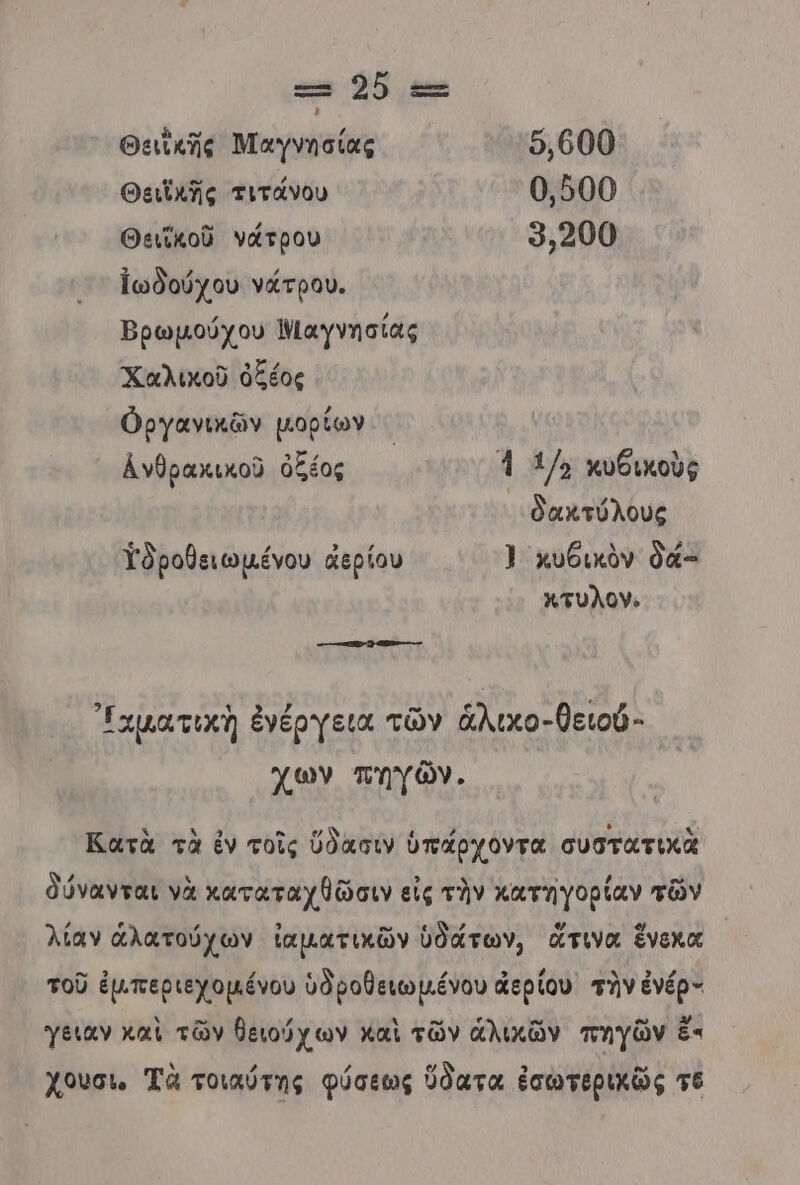 τς 20 τξε Θειϊκῆς Μαγνησίας 5,600 Θειθκῆς τιτάνου 0,500 Θειϊκοῦ νάτρου 9,200 ἰωδούχου νάτρου. Βρωμούχου Μιαγνησίας Χαλικοῦ ὀξέος ὀργανικῶν μορίων Ανθρακικοῦ ὀξέος 1 4/0 κυθικοὺς δακτύλους Ἱδροθειωμένου ἀερίου } κυθικὸν δά- πτυλον, Εχματικὴ ἐνέργεια τῶν ἁλιχο-θειού- χων πηγῶν. Κατὰ τὰ ἐν τοῖς ὕδασιν ὑπάρχοντα συστατικὰ δύνανται νὰ καταταχθῶσιν εἰς τὴν κατηγορίαν τῶν λίαν ἁλατούχων ἰαματικῶν ὑδάτων, ἄτινα ἕνεχα τοῦ ἐμπεριεχομένου ὑδροθειωμένου ἀερίου τὴν ἐνέρ- γειαν καὶ τῶν θειούχων καὶ τῶν ἁλικῶν πηγῶν ἔκ χουσι, Τὰ τοιαύτης φύσεως ὕδατα ἐσωτερικῶς τό