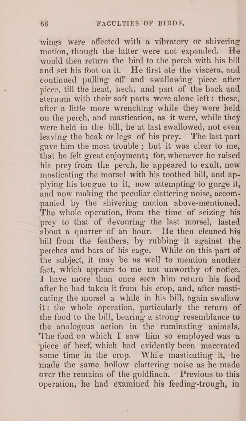 ‘wings were affected with a vibratory or shivering motion, though the latter were not expanded. He would then return the bird to the perch with his bill and set his foot on it. He first ate the viscera, and continued pulling off and swallowing piece after piece, till the head, neck, and part of the back and sternum with their soft parts were alone left: these, after a little more wrenching while they were held on the perch, and mastication, as it were, while they were held in the. bill,:he at last swallowed, not even leaving the beak or legs of his prey. The last part gave him the most trouble ; but it was clear to me, that he felt great enjoyment; for, whenever he raised his prey from the perch, he appeared to exult, now masticating the morsel with his toothed bill, and ap- ‘plying his tongue to it, now attempting to gorge it, and now making the peculiar clattering noise, accom- panied by the shivering motion above-mentioned. The whole operation, from the time of seizing his prey to that of devouring the last morsel, lasted about a quarter of an hour. He then cleaned his bill from the feathers, by rubbing it against the perches and bars of his cage. While on this part of the subject, it may be as well to mention another fact, which appears to me not unworthy of notice. I have more than once seen him return his food after he had taken it from his crop, and, after masti- cating the morsel a while in his bill, again swallow it: the whole operation, particularly the return of the food to the bill, bearing a strong resemblance to the analogous action in the ruminating animals. The food on which I saw him so employed was a piece of beef, which had evidently been macerated some time in the crop. While masticating it, he made the same hollow clattering noise as he made over the remains of the goldfinch. Previous to this operation, he had examined his feeding-trough, in