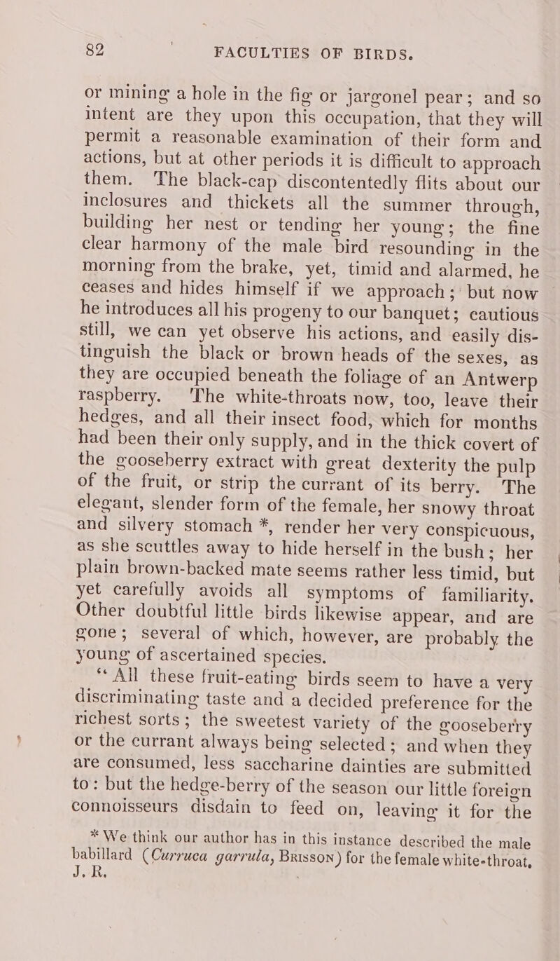 or mining a hole in the fig or jargonel pear; and so intent are they upon this occupation, that they will permit a reasonable examination of their form and actions, but at other periods it is difficult to approach them. The black-cap discontentedly flits about our inclosures and thickets all the summer through, building her nest or tending her young; the fine clear harmony of the male bird resounding in the morning from the brake, yet, timid and alarmed, he ceases and hides himself if we approach;' but now he introduces all his progeny to our banquet; cautious still, we can yet observe his actions, and easily dis- tinguish the black or brown heads of the sexes, as they are occupied beneath the foliage of an Antwerp raspberry. ‘The white-throats now, too, leave their hedges, and all their insect food, which for months had been their only supply, and in the thick covert of the gooseberry extract with great dexterity the pulp of the fruit, or strip the currant of its berry. The elegant, slender form of the female, her snowy throat and silvery stomach *, render her very conspicuous, as she scuttles away to hide herself in the bush; her plain brown-backed mate seems rather less timid, but yet carefully avoids all symptoms of familiarity. Other doubtful little birds likewise appear, and are gone; several of which, however, are probably the young of ascertained species. “All these fruit-eating birds seem to have a very discriminating taste and a decided preference for the richest sorts; the sweetest variety of the gooseberry or the currant always being selected: and when they are consumed, less saccharine dainties are submitted to: but the hedge-berry of the season our little foreign connoisseurs disdain to feed on, leaving it for the * We think our author has in this instance described the male babillard (Curruca garrula, Brisson) for the female white-throat, J.R,