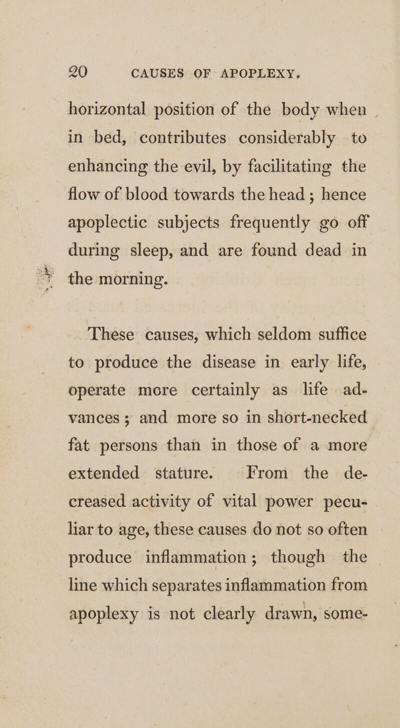 horizontal position of the body when _ in bed, contributes considerably to enhancing the evil, by facilitating the flow of blood towards the head ; hence apoplectic subjects frequently go off during sleep, and are found dead in These causes, which seldom suffice to produce the disease in early life, operate more certainly as life ad- vances; and more so in short-necked fat persons than in those of a more extended stature. From the de- creased activity of vital power pecu- liar to age, these causes do not so often produce inflammation; though the | line which separates inflammation from apoplexy is not clearly drawn, some-