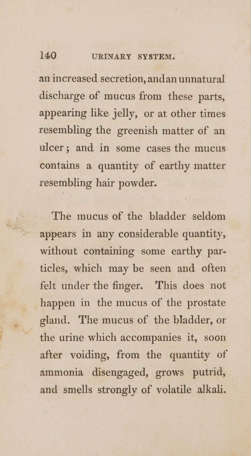 an increased secretion, andan unnatural discharge of mucus from these parts, appearing like jelly, or at other times resembling the greenish matter of an ulcer; and in some cases the mucus contains a quantity of earthy matter resembling hair powder. The mucus of the bladder seldom appears in any considerable quantity, without containing some earthy par- ticles, which may be seen and often felt under the finger. This does not happen in the mucus of the prostate gland. The mucus of the bladder, or the urine which accompanies it, soon after voiding, from the quantity of ammonia disengaged, grows putrid, and smells strongly of volatile alkali.