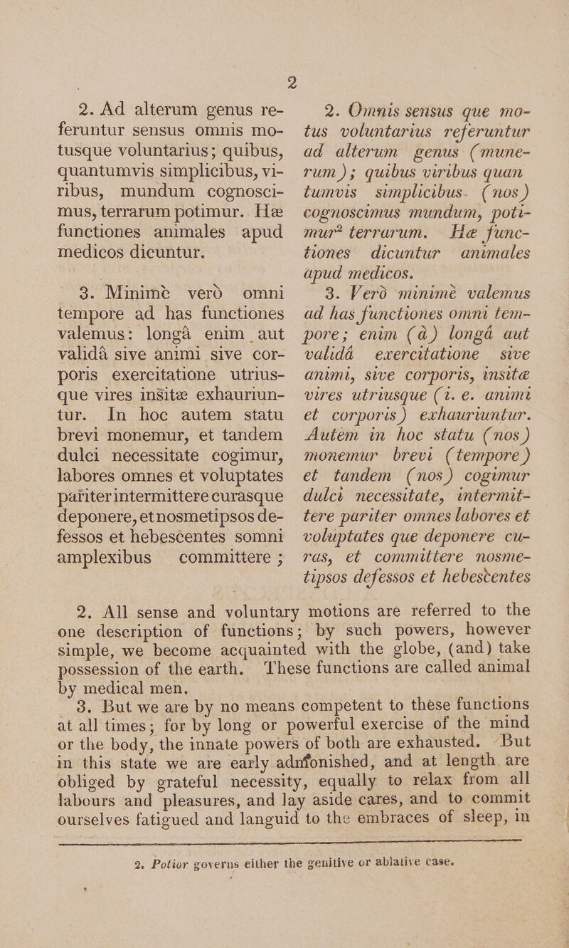 feruntur sensus omnis mo- tusque voluntarius; quibus, quantumvis simplicibus, vi- ribus, mundum cognosci- mus, terrarum potimur. He functiones animales apud medicos dicuntur. 3. Minim? veró omni tempore ad has functiones valemus: longà enim aut validà sive animi sive cor- poris exercitatione utrius- que vires inSite exhauriun- tur. In hoc autem statu brevi monemur, et tandem dulci necessitate cogimur, labores omnes et voluptates patiterintermittere curasque deponere, etnosmetipsos de- fessos et hebescentes somni amplexibus committere ; tus voluntarius referuntur ad alterum genus (mune- rum); quibus viribus quan tumvis simplicibus. (nos ) cognoscimus mundum, poti- mur? terruarum. He func- tiones dicuntur | animales apud medicos. 3. Vero minimé valemus ad has functiones omni tem- pore; enün (à) longá aut validá exercitatione | sive animi, sive corporis, insite vires utriusque (1. e. anime et corporis) exhauriuntur. Autem in hoe statu (nos ) monemur brevi (tempore) et tandem (nos) cogimur dulci necessitate, intermit- tere pariter omnes labores e£ voluptates que deponere cu- ras, et committere nosme- tipsos defessos et hebescentes one description of functions; by such powers, however simple, we become acquainted with the globe, (and) take possession of the earth. These functions are called animal by medical men. 1 3. But we are by no means competent to these functions at all times; for by long or powerful exercise of the mind or the body, the innate powers of both are exhausted. But in this state we are early adnfonished, and at length. are obliged by grateful necessity, equally to relax from all labours and pleasures, and lay aside cares, and to commit ourselves fatigued and languid to the embraces of sleep, in 2, Potior governs either the genitive or ablative case.