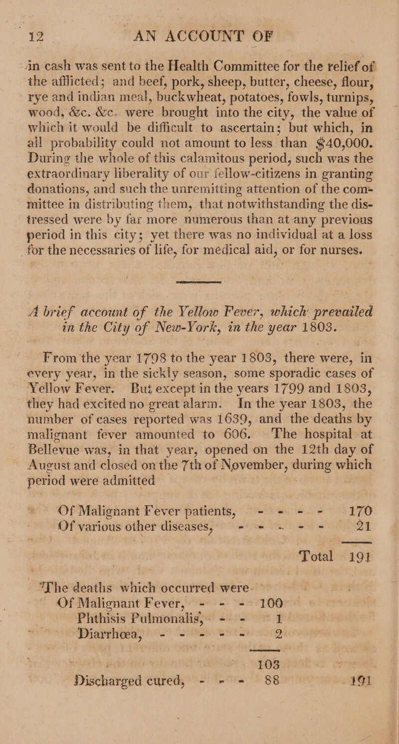 An cash was sent to the Health Committee for the relief of the afflicted; and beef, pork, sheep, butter, cheese, flour, rye and indian meal, buckwheat, potatoes, fowls, turnips, wood, &amp;c. &amp;c. were brought into the city, the value of which it would be difficult to ascertain; but which, in all probability could not amount to less than $40,000. During the whole of this calamitous period, such was the extraordinary liberality of our fellow-citizens in granting donations, and such the unremitting attention of the com= mittee in distributing them, that notwithstanding the dis- tressed were by far more numerous than at-any previous period in this city; yet there was no individual at a loss _for the necessaries of life, for medical aid, or for nurses. A brief account of the Yellow Fever, which: prevailed in the City of New-York, in the year 1803. From the year 1798 to the year 1803, there were, in _ every year, in the sickly season, some sporadic cases of Yellow Fever. But except in the years 1799 and 1803, they had excited no great alarm. In the year 1803, the number of cases reported was 1639, and the deaths by malignant fever amounted to 606. - The hospital at Bellevue was, in that year, opened on the 12th day of August and closed on the 7th of N ovember, es which period were admitted Of Malignant Fever patients, - - - - 170 Of various other diseases, = - - - = = 21 Total 191 “The deaths which occurred were.» Of Malignant Fever, - - - 100° Phthisis Pulmonalis,. -- - 1 Diarrhoea, - - = - = 2 Discharged cured, - - = 88 91