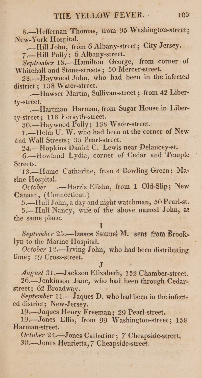 8,.—Heffernan Thomas, from 95 Washington-street ; _ New-York Hospital. ._—Hill John, from 6 Albany-street; City Jersey. 7.—Hill Polly; 6 Albany-street. September 18.—Hamilton George, from corner of Whitehall and Stone-streets ; 50 Mercer-street. 28.—Haywood John, who had been in the infected district ; 138 Water-street. | —-Hawser Martin, Sullivan-street ; from 42 Liber- ty-street. : .—Hartman Harman, from Sugar House in Liber- ty-street; 118 Forsyth-street. 30.—Haywood Polly; 138 Water-street. 3 1.—Helm U. W. who had been at the corner of New and Wall Streets; 35 Pearl-street. 24.—Hopkins Daniel C. Lewis near Delancey-st. 6.—Howland Lydia, corner of Cedar and Temple Streets. 13.—Hume Catharine, from 4 Bowling Green; Ma- rine Hospital. | | October .—Harris Elisha, from 1 Old-Slip; New Canaan, (Connecticut. ) 5,—Hull John, a day and night watchman, 50 Pearl-st. 5.—Hull Nancy, wife of the above named John, at the same place. I September 25.—Isaacs Samuel M. sent from Brook- lyn to the Marine Hospital. October 12.—Irving John, who had been distributing lime; 19 Cross-street. pee, ) August 31.—Jackson Elizabeth, 152 Chamber-street. 26.—Jenkinson Jane, who had been through Cedar- street; 62 Broadway. September 11.—Jaques D. who had been in the infect- ed district; New-Jersey. By 19.—Jaques Henry Freeman; 29 Pearl-street. 19.—Jones Ellis, from 99 Washington-street; 158 Harman-street. | October 24.—Jones Catharine; 7 Cheapside-street.