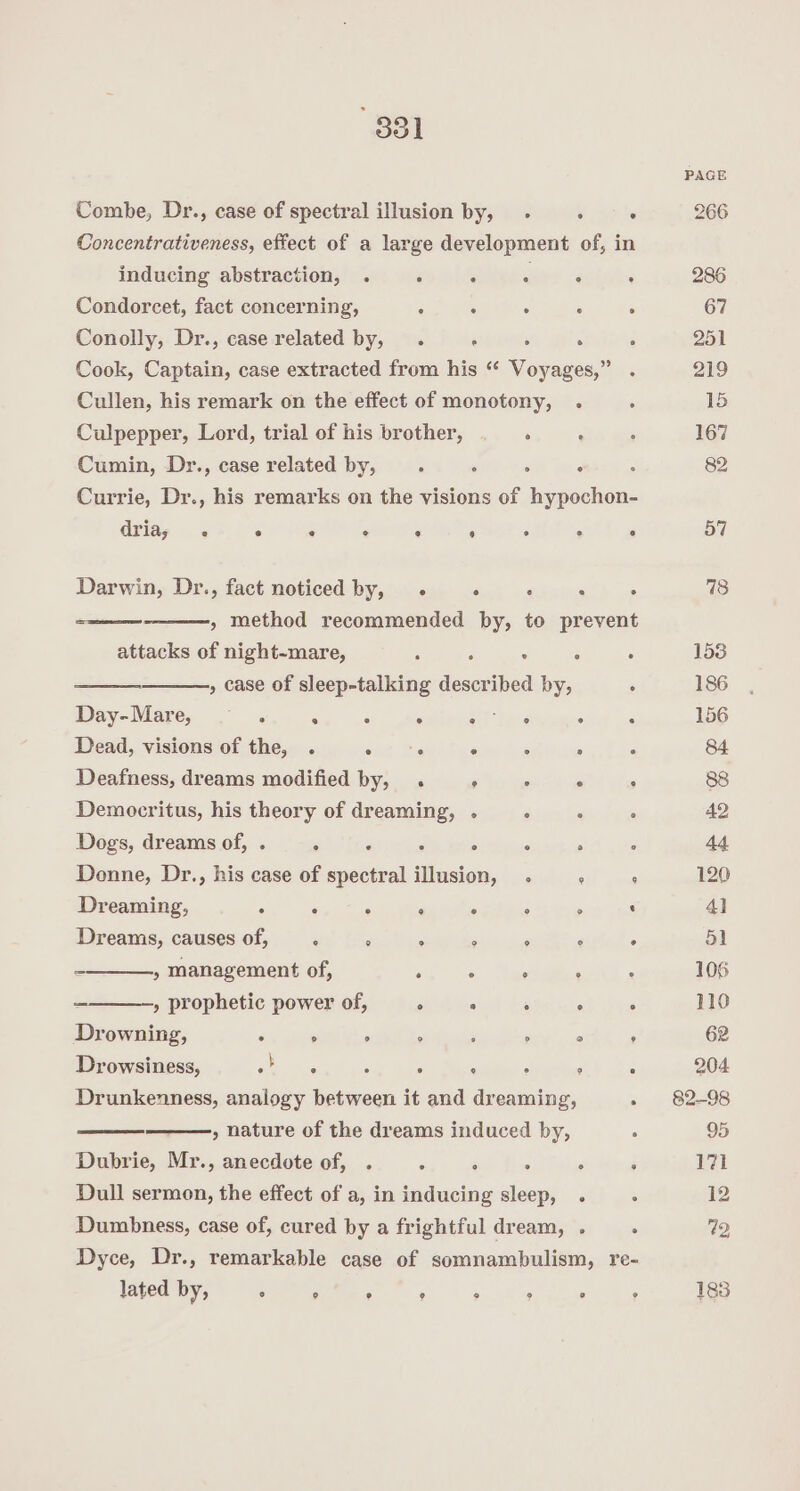 Combe, Dr., case of spectral illusion by, . ; 4 Concentrativeness, effect of a large development of, in inducing abstraction, . . . s : . Condorcet, fact concerning, : ‘ . ° : Conolly, Dr., case related by, . : 5 n Cook, Captain, case extracted from his “ Voyages,” . Cullen, his remark on the effect of monotony, . . Culpepper, Lord, trial of his brother, : ; Cumin, Dr., case related by, ; ‘ ‘ F ; Currie, Dr., his remarks on the visions of hypochon- driay . ° : é P ‘ ; a ‘ Darwin, Dr., fact noticed by, . : ‘ » method recommended by, to prevent attacks of night-mare, ; - . ‘ . » case of sleep-talking described by, ‘ Day-Mare, = . . S2t toes . ; Dead, visions of the, . wu Bs : ‘ ; 4 Deafness, dreams modified by, . ‘ ‘ ‘a , Democritus, his theory of dreaming, . é F Dogs, dreams of, . : : : ° F ° Donne, Dr., his case of spectral illusion, . : ° Dreaming, . : : ‘ ° : . ‘ Dreams, causes of, ‘ ‘ 2 4 ‘5 ‘ . » Management of, : ' : : = » prophetic power of, . . : . ‘ Drowning, ° ° ° ° ; , ° , Drowsiness, Ail ; : ‘ ; ; ; Drunkenness, analogy between it and dreaming, ——, nature of the dreams induced by, - Dubrie, Mr., anecdote of, . : F : : : Dull sermon, the effect of a, in inducing sleep, . “ Dumbness, case of, cured by a frightful dream, . 3 Dyce, Dr., remarkable case of somnambulism, re- lated by, ; ; ‘ ‘ A ; : : PAGE 266 251 219 167