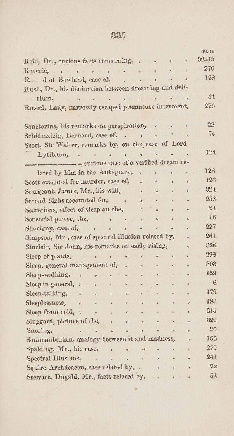 PAGE Reid, Dr., curious facts concerning, . ‘ ‘ +) oes Reverie, : 5 ‘ ‘ , ° ‘ . : 276 R——d of Bowland, case of, F ‘ ‘ ° 128 Rush, Dr., his distinction between dreaming ee celi- rium, * . ° . 5 ° ° : 44 Russel, Lady, narrowly escaped premature interment, 226 Sanctorius, his remarks on perspiration, : ° 22 Schidmaizig, Bernard, case of, . : ‘ ; : 74 Scott, Sir Walter, remarks by, on the case of Lord Lyttleton, . ° . . ° : ° . 124 -, curious case of a verified dream re- lated by him in the Antiquary, . . ‘ : 128 ——e Scott executed for murder, case of, . : ‘ : 126 Seargeant, James, Mr., his will, ‘ ‘ : : 324 Second Sight accounted for, . P : . . 258 Secretions, effect of sleep on the, Spats : : 21 Sensorial power, the, . ‘ : ° . . 16 Shorigny, case of, : : : ° . . : 227 Simpson, Mr., case of spectral illusion related by, . 261 Sinclair, Sir John, his remarks on early rising, : 326 Sleep of plants, : : ° ° . . . 298 Sleep, general management of, . : . ; : 303 Sleep-walking, . . : ° . ° : . 159 Sleep in general, ; . : ° . : ° : 38 Sleep-talking, . : : : ee Ete , . 179 Sleeplessness, . Ean yn ete ‘ . ° 193 Sleep from cold, : . ; : “ : ‘ ° 215 Sluggard, picture of the, . ; : : : ? 322 Snoring, ° ° . : ° : . ° 20 Somnambulism, analogy between it and madness, . 163 Spalding, Mr., his case, . ° ays ° ; 279 Spectral Illusions, : . : : ° . . 241 Squire Archdeacon, case related by, - ners : 72 Stewart, Dugald, Mr., facts related by, ; : : 54,