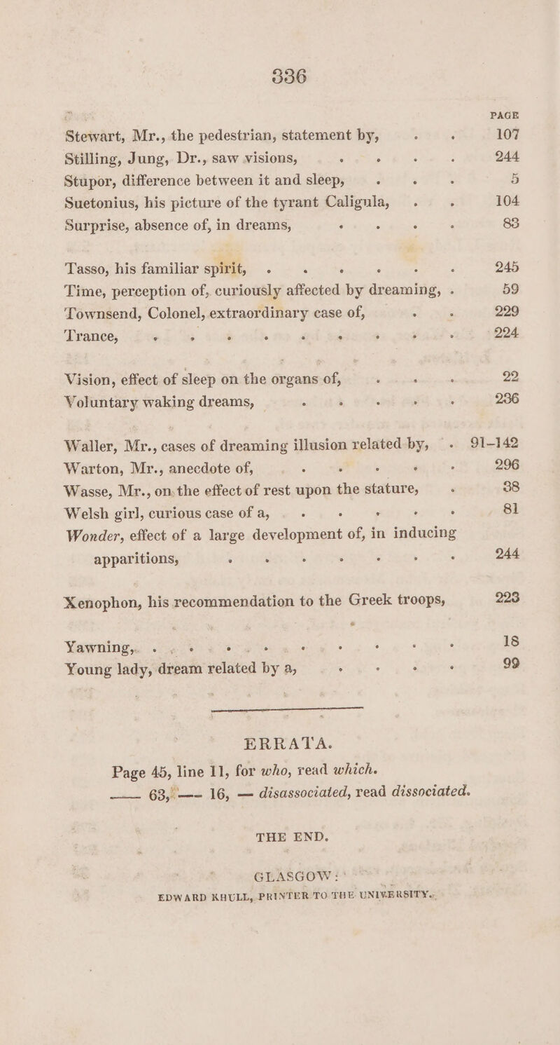 PAGE Stewart, Mr., the pedestrian, statement by, ; 4 107 Stilling, Jung, Dr., saw visions, : ; : : 244 Stupor, difference between it and sleep, : : ; 5 Suetonius, his picture of the tyrant Caligula, . ; 104. Surprise, absence of, in dreams, : : ‘ ‘. 83 Tasso, his familiar spirit, . : : ; : ; 245 Time, perception of, curiously affected by dreaming, . 59 Townsend, Colonel, extraordinary case of, 4 . 229 Trance, ; or : ‘ : , ; . 224 Vision, effect of sleep on the organs of, : ‘ : 22 Voluntary waking dreams, “ : ‘ ‘ : 236 Waller, Mr., cases of dreaming illusion related by, - 91-142 Warton, Mr., anecdote of, . . wise . 296 Wasse, Mr., on: the effect of rest upon the stature, : 38 Welsh girl, curious case of a, ; ; : : ‘ 81 Wonder, effect of a large development of, in inducing apparitions, : ‘ ° : . 244 Xenophon, his recommendation to the Greek troops, 223 Yawning, . ~ * sg ‘ : ‘ : : 18 Young lady, dream related by a, : . é : 99 ERRATA. Page 45, line 11, for who, read which. —— 63,.—- 16, — disassociated, read dissociated. THE END. GLASGOW : * EDWARD KHULL, PRINTER TO THE UNIVERSITY.