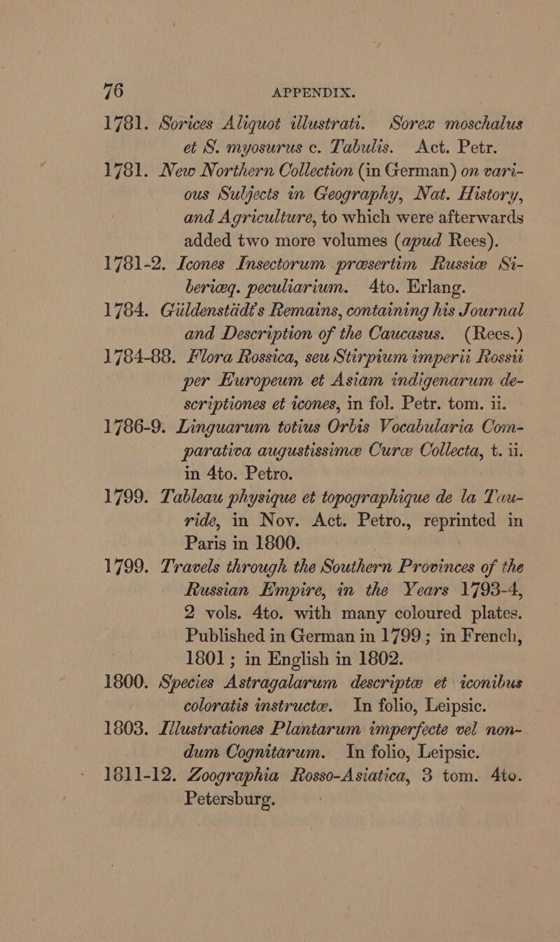 1781. Sorices Aliquot illustrat. Sorex moschalus et S. myosurus c. Tabulis. Act. Petr. 1781. New Northern Collection (in German) on vari- ous Suljects in Geography, Nat. History, and Agriculture, to which were afterwards added two more volumes (apud Rees). 1781-2. Icones Insectorum presertim Russie Si- bericeg. peculiarium. Ato. Erlang. 1784. Guiildenstidts Remains, containing his Journal and Description of the Caucasus. (Rees.) 1784-88. Flora Rossica, seu Stirpium imperii Rossi per EHuropeum et Asiam indigenarum de- scriptiones et icones, in fol. Petr. tom. ii. 1786-9. Linguarum totius Orbis Vocabularia Com- parativa augustissime Cure ie: t. ii. in 4to. Petro. 1799. Tableau physique et topographique de la Twu- ride, in Nov. Act. Petro., reprinted in Paris in 1800. 1799. Travels through the Southern Provinces of the Russian Empire, in the Years 1793-4, 2 vols. 4to. with many coloured plates. Published in German in 1799; in French, 1801; in English in 1802. 1800. Species Astragalarum descripte et iconibus coloratis instructe. In folio, Leipsic. 1803. Illustrationes Plantarum imperfecte vel non- dum Cognitarum. In folio, Leipsic. 1611-12. Zoographia Rosso-Asiatica, 3 tom. Ato. Petersburg.