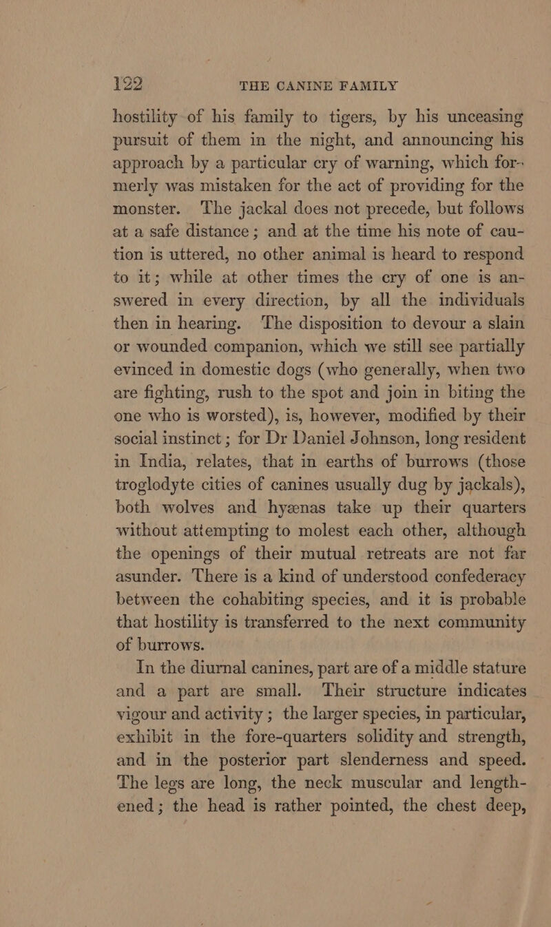 hostility of his family to tigers, by his unceasing pursuit of them in the night, and announcing his approach by a particular cry of warning, which for- merly was mistaken for the act of providing for the monster. The jackal does not precede, but follows at a safe distance; and at the time his note of cau- tion is uttered, no other animal is heard to respond to it; while at other times the cry of one is an- swered in every direction, by all the individuals then in hearing. The disposition to devour a slain or wounded companion, which we still see partially evinced in domestic dogs (who generally, when two are fighting, rush to the spot and join in biting the one who is worsted), is, however, modified by their social instinct ; for Dr Daniel Johnson, long resident in India, relates, that in earths of burrows (those troglodyte cities of canines usually dug by jackals), both wolves and hyenas take up their quarters without attempting to molest each other, although the openings of their mutual retreats are not far asunder. There is a kind of understood confederacy between the cohabiting species, and it is probable that hostility is transferred to the next community of burrows. In the diurnal canines, part are of a middle stature and a part are small. Their structure indicates vigour and activity ; the larger species, in particular, exhibit in the fore-quarters solidity and strength, and in the posterior part slenderness and speed. The legs are long, the neck muscular and length- ened ; the head is rather pointed, the chest deep,