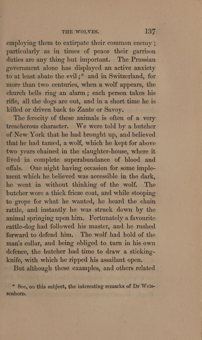 employing them to extirpate their common enemy ; particularly as in times of peace their garrison duties are any thing but important. The Prussian government alone has displayed an active anxiety to at least abate the evil;* and in Switzerland, for more than two centuries, when a wolf appears, the church bells ring an alarm; each person takes his rifle, all the dogs are out, and in a short time he is killed or driven back to Zante or Savoy. The ferocity of these animals is often of a very treacherous character. We were told by a butcher of New York that he had brought up, and believed that he had tamed, a wolf, which he kept for above two years chained in the slaughter-house, where it lived in complete superabundance of blood and offals. One night having occasion for some imple- ment which he believed was accessible in the dark, he went in without thinking of the wolf. The butcher wore a thick frieze coat, and while stooping to grope for what he wanted, he heard the chain rattle, and instantly he was struck down by the animal springing upon him. Fortunately a favourite cattle-dog had followed his master, and he rushed forward to defend him. The wolf had hold of the man’s collar, and being obliged to turn in his own defence, the butcher had time to draw a sticking- knife, with which he ripped his assailant open. But although these examples, and others related * See, on this subject, the interesting remarks of Dr Weis- senhorn.