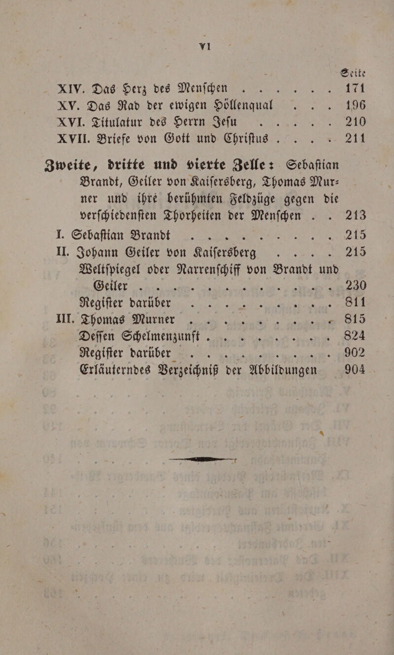 - Seite XIV. Das Herz des Menſch n XV. Das Rad der ewigen Höllenquall .. 196 XVI. Titulatur des Heß ei XVII. Briefe von Gott und Ehriftus . . . . 211 Zweite, dritte und vierte Zelle: Sebaſtian Brandt, Geiler von Kaiſersberg, Thomas Mur— ner und ihre berühmten Feldzüge gegen die verſchiedenſten Thorheiten der Menſchen .. 213 I. Sebaſtian Brande F II. Johann Geiler von Kaiſersberg Sur 215 Weltſpiegel oder RR von Brandt und | er e 280 Nigiſter dare; se III, Thomas Muner u a Deſſen Schelmenzunfſt. 824 Regiſter darüber 902 Erläuterndes Verzeichniß 155 Abbildungen 904