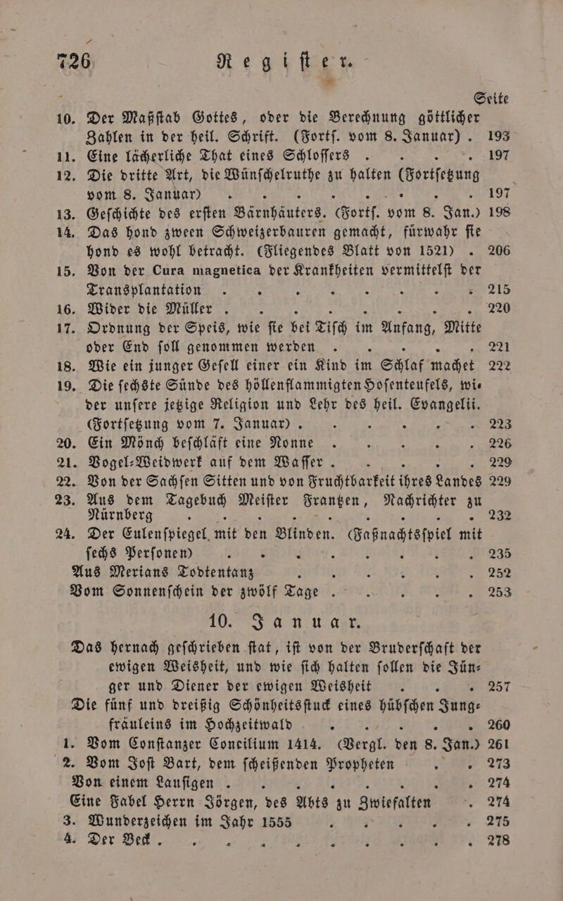 ; Seite 10. Der Maßſtab Gottes, oder die Berechnung göttlicher Zahlen in der heil. Schrift. (Fortſ. vom 8. Januar). 193 11. Eine lächerliche That eines Schloſſers . . 197 12. Die dritte Art, die Wünſchelruthe zu halten Bortebung a vom 8. Januar) > 197 13. Geſchichte des erſten Bärnhäuters. (Fortſ. vom 8. Jan.) 198 14. Das hond zween Schweizerbauren gemacht, fürwahr ſie hond es wohl betracht. (Fliegendes Blatt von 1521) . 206 15. Von der Cura magnetica der Krankheiten vermittelſt der Transplantation 5 1 4 8 L x 215 16. Wider die Müller 220 17. Ordnung der Speis, wie ſie bei Tiſch im u Anfang, Mitte oder End ſoll genommen werden . 221 18. Wie ein junger Geſell einer ein Kind im 1 Schlaf Macher 222 19. Die ſechste Sünde des höllenflammigten Hoſenteufels, wi⸗ der unſere jetzige Religion und Lehr des heil. Evangelii. (Fortſetzung vom 7. Januar). : 3 97 2 20. Ein Mönch beſchläft eine Nonne . 5 A ? 226 21. Vogel⸗Weidwerk auf dem Waffer . ? 229 22. Von der Sachſen Sitten und von Fruchtbarkeit ihres Landes 229 23. Aus dem Tagen Matter mn, 1 du Nürnberg ; 232 24. Der Eulenſpiegel. mit den Blinden. Seba A ſechs Perſonen) A 1 3 235 Aus Merians Todtentanz 5 h 2 2 0 28 Vom Sonnenſchein der zwölf Tage. 2 „ 253 10. Iz n u ahn Das hernach geſchrieben ſtat, iſt von der Bruderſchaft der ewigen Weisheit, und wie ſich halten ſollen die Jün⸗ ger und Diener der ewigen Weisheit . 5 7 Die fünf und dreißig Schönheitsſtuck eines hübſchen Jung— fräuleins im Hochzeitwald b x 2 8 260 1. Vom Conſtanzer Concilium 1414. (Vergl. den 8. Jan.) 261 2. Vom Joſt Bart, dem ſcheißenden 559 5 173 Von einem Lauſigen 24 Eine Fabel Herrn Jörgen, des Abts zu Zwiefalten Na 3. Wunderzeichen im Jahr 1555 4 F . 275 4. Der Beck. „ ee, ee