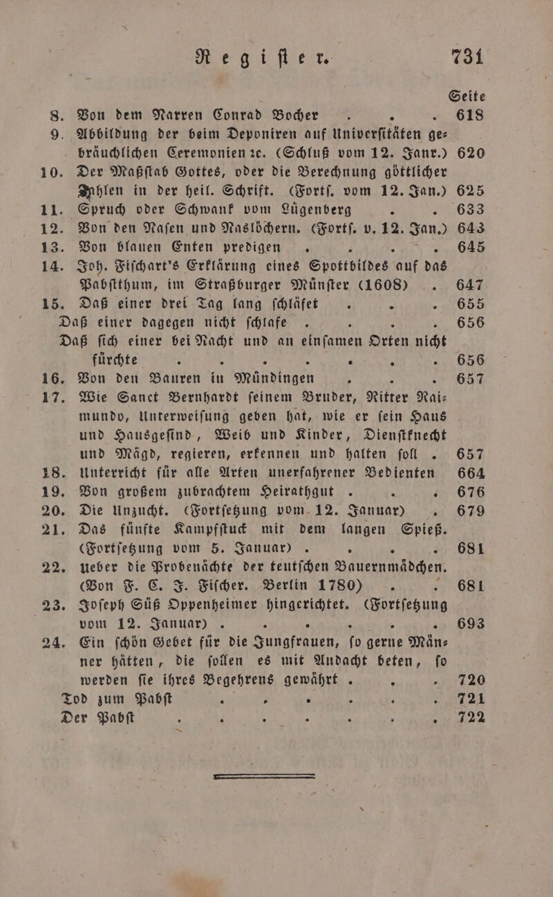 8. Von dem Narren Conrad Bocher . A 618 9. Abbildung der beim Deponiren auf Univerſitäten x bräuchlichen Ceremonien ze. (Schluß vom 12. Janr.) 620 10. Der Maßſtab Gottes, oder die Berechnung göttlicher Ahlen in der heil. Schrift. (Fortſ. vom 12. Jan.) 625 11. Spruch oder Schwank vom Lügenberg 3 633 12. Von den Naſen und Naslöchern. (Fortſ. v. 12. dan) 643 13. Von blauen Enten predigen . 645 14. Joh. Fiſchart's Erklärung eines Spottbildes auf das Pabſtthum, im Straßburger Münfter (1608) 647 15. Daß einer drei Tag lang ſchläfet . & „ 655 Daß einer dagegen nicht ſchlafe . A 656 Daß ſich einer bei Nacht und an einfamen Orten nicht fürchte A 8 . R .. 656 16. Von den Bauren in 1 Mundingen . 657 17. Wie Sanct Bernhardt feinem Bruder, Ritter Nai⸗ mundo, Unterweiſung geben hat, wie er ſein Haus und Hausgeſind, Weib und Kinder, Dienſtknecht und Mägd, regieren, erkennen und halten ſoll . 657 18. Unterricht für alle Arten unerfahrener Bedienten 664 19. Von großem zubrachtem Heirathgut . a 676 20. Die Unzucht. (Fortſetzung vom 12. Januar) 679 21. Das fünfte Kampfſtuck mit dem langen Spieß. (Fortſetzung vom 5. Januar). A 681 22. ueber die Probenächte der teutſchen Bauernmädchen. (Von F. C. J. Fiſcher. Berlin 1780) A 681 23. Joſeph Süß Oppenheimer hingerichtet. (Fortſetzung vom 12. Januar). 8 Ä = . 693 24. Ein ſchön Gebet für die Jungfrauen, fo gerne Män— ner hätten, die ſollen es mit Andacht beten, ſo werden fie ihres Begehrens gewährt . 5 1720 Tod zum Pabſt 5 8 . 2 5 nn Der Pabſt h i “ g A R 722