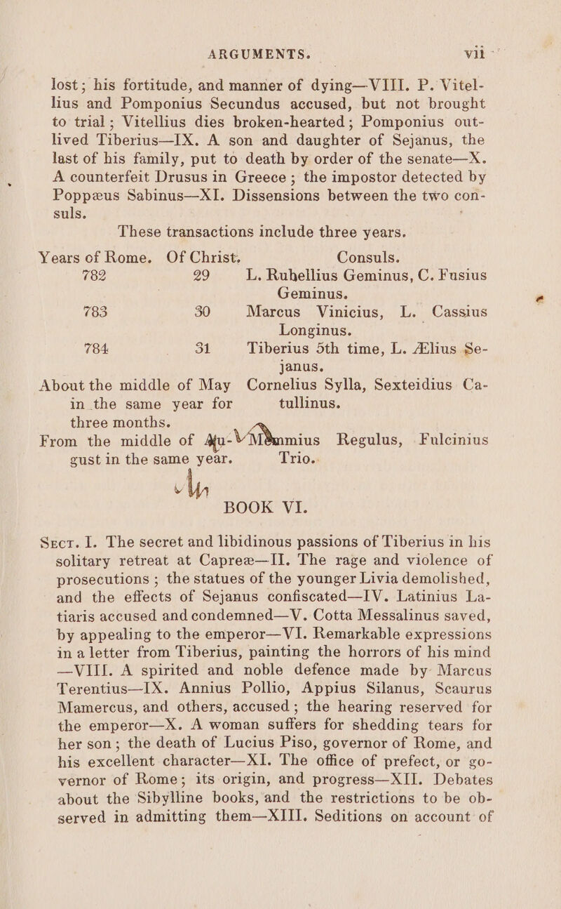 lost; his fortitude, and manner of dying— VIII. P. Vitel- lius and Pomponius Secundus accused, but not brought to trial; Vitellius dies broken-hearted; Pomponius out- lived Tiberius—IX. A son and daughter of Sejanus, the last of his family, put to death by order of the senate—X. A counterfeit Drusus in Greece ; the impostor detected by Poppeus Sabinus—XI. Dissensions between the two con- suls. ; These transactions include three years. Years of Rome. Of Christ. Consuls. 782 29 L. Ruhellius Geminus, C. Fusius Geminus. 783 30 Marcus Vinicius, L. Cassius Longinus. 784 31 Tiberius 5th time, L. lus Se- janus. About the middle of May Cornelius Sylla, Sexteidius Ca- in the same year for tullinus. three months. À From the middle of Aa- VAlnmius Regulus, Fulcinius gust in the same year. Trio.. [ Lv, BOOK VI. Sect. I. The secret and libidinous passions of Tiberius in his solitary retreat at Capree—II. The rage and violence of prosecutions ; the statues of the younger Livia demolished, and the effects of Sejanus confiscated—IV. Latinius La- tiaris accused and condemned— V. Cotta Messalinus saved, by appealing to the emperor— VI. Remarkable expressions in aletter from Tiberius, painting the horrors of his mind —VIII. A spirited and noble defence made by Marcus Terentius—IX. Annius Pollio, Appius Silanus, Scaurus Mamercus, and others, accused ; the hearing reserved for the emperor—X. A woman suffers for shedding tears for her son; the death of Lucius Piso, governor of Rome, and his excellent character—XI. The office of prefect, or go- vernor of Rome; its origin, and progress— XII. Debates about the Sibylline books, and the restrictions to be ob- served in admitting them—XIII. Seditions on account of