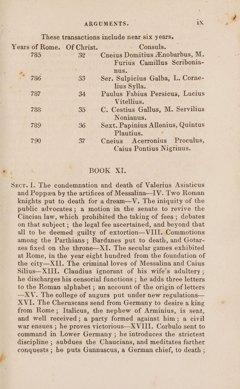 These transactions include near six years. Years of Rome. Of Christ. Consuls. 785 32 Cneius Domitius ZEnobarbus, M. Furius Camillus Scribonia- P nus. * 786 33 . Ser. Sulpicius Galba, L. Corne- lius Sylla. 797 34 Paulus Fabius Persicus, Lucius Vitellius. 788 35 C. Cestius Gallus, M. Servilius Nonianus. 789 36 Sext. Papinius Allenius, Quintus Plautius. 790 Se Cneius Acerronius Proculus, Caius Pontius Nigrinus. BOOK XI. Sect. I. The condemnation and death of Valerius Asiaticus and Poppa by the artifices of Messalina—IV. Two Roman knights put to death for a dream— V. The iniquity of the public advocates ; a motion in the senate to revive the Cincian law, which prohibited the taking of fees ; debates on that subject; the legal fee ascertained, and beyond that all to be deemed guilty of extortion— VIII. Commotions among the Parthians; Bardanes put to death, and Gotar- zes fixed on the throne—XI. The secular games exhibited at Rome, in the year eight hundred from the foundation of the city—XII. The criminal loves of Messalina and Caius Silius— XIII. Claudius ignorant of his wife's adultery ; he discharges his censorial functions ; he adds three letters to the Roman alphabet ; an account of the origin of letters —XV. The college of augurs put under new regulations— XVI. The Cheruscans send from Germany to desire a king from Rome; Italicus, the nephew of Arminius, is sent, and well received; a party formed against him; a civil war ensues ; he proves victorious—X VIII. Corbulo sent to command in Lower Germany ; he introduces the strictest discipline ; subdues the Chaucians, and meditates farther conquests ; he puts Gannascus, a German chief, to death ;