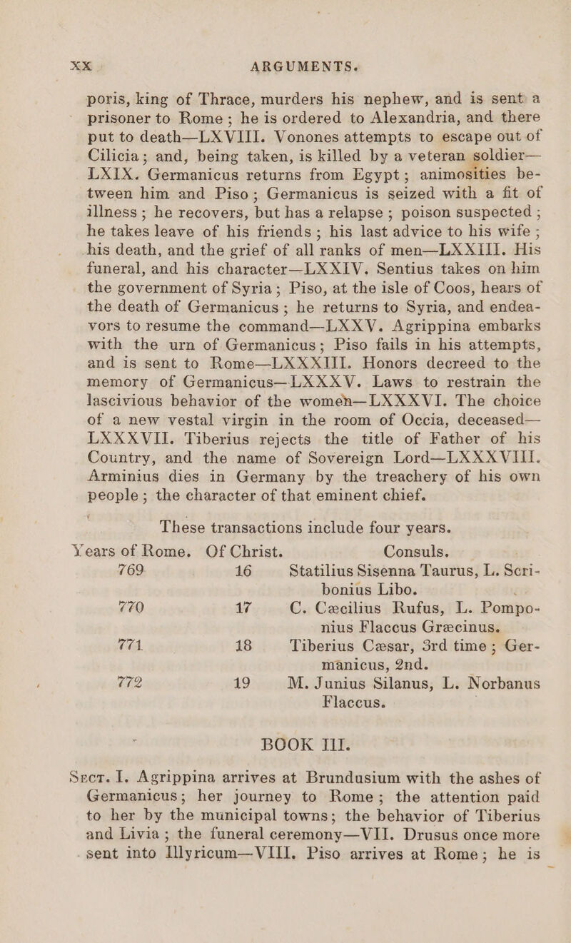 poris, king of Thrace, murders his nephew, and is sent a prisoner to Rome; he is ordered to Alexandria, and there put to death—LX VIII. Vonones attempts to escape out of Cilicia; and, being taken, is killed by a veteran ae LXIX. Germanicus returns from Egypt; animosities be- tween him and Piso; Germanicus is seized with a fit of illness ; he recovers, but has a relapse ; poison suspected ; he takes leave of his friends; his last advice to his wife ; his death, and the grief of all ranks of men—LXXIII. His funeral, and his character—LX XIV. Sentius takes on him the government of Syria; Piso, at the isle of Coos, hears of the death of Germanicus ; he returns to Syria, and endea- vors to resume the command—LXXV. Agrippina embarks with the urn of Germanicus; Piso fails in his attempts, and is sent to Rome—LXXXIII. Honors decreed to the memory of Germanicus— LXXXV. Laws to restrain the lascivious behavior of the women—LXXXVI. The choice of a new vestal virgin in the room of Occia, deceased— LXXXVII. Tiberius rejects the title of Father of his Country, and the name of Sovereign Lord—LXXXVIII. Arminius dies in Germany by the treachery of his own people; the character of that eminent chief. These transactions include four years. Years of Rome. Of Christ. Consuls. 769 16 Statilius Sisenna Taurus, L. Scri- bonius Libo. à 770 17 C. Cecilius Rufus, L. Pompo- nius Flaccus Grecinus. 771 18 Tiberius Cesar, 3rd time ; Ger- manicus, 2nd. 779 19 M. Junius Silanus, L. Norbanus Flaccus. ; BOOK III. Sect. I. Agrippina arrives at Brundusium with the ashes of Germanicus; her journey to Rome; the attention paid to her by the municipal towns; the behavior of Tiberius and Livia; the funeral ceremony— VII. Drusus once more sent into Illyricum— VIII. Piso arrives at Rome; he is