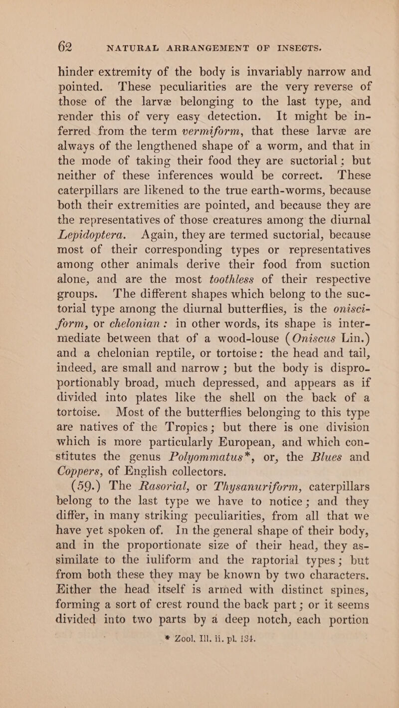 hinder extremity of the body is invariably narrow and pointed. These peculiarities are the very reverse of those of the larve belonging to the last type, and render this of very easy detection. It might be in- ferred from the term vermiform, that these larve are always of the lengthened shape of a worm, and that in the mode of taking their food they are suctorial; but neither of these inferences would be correct. ‘These caterpillars are likened to the true earth-worms, because both their extremities are pointed, and because they are the representatives of those creatures among the diurnal Lepidoptera. Again, they are termed suctorial, because most of their corresponding types or representatives among other animals derive their food from suction alone, and are the most toothless of their respective groups. The different shapes which belong to the suc- torial type arnong the diurnal butterflies, is the onisci- form, or chelonian: in other words, its shape is inter- mediate between that of a wood-louse (Oniscus Lin.) and a chelonian reptile, or tortoise: the head and tail, indeed, are small and narrow ; but the body is dispro- portionably broad, much depressed, and appears as if divided into plates like the shell on the back of a tortoise. Most of the butterflies belonging to this type are natives of the Tropics; but there is one division which is more particularly European, and which con- stitutes the genus Polyommatus*, or, the Blues and Coppers, of English collectors. (59.) The Rasorial, or Thysanuriform, caterpillars belong to the last type we have to notice; and they differ, in many striking peculiarities, from all that we have yet spoken of. In the general shape of their body, and in the proportionate size of their head, they as- similate to the iuliform and the raptorial types; but from both these they may be known by two characters. Hither the head itself is armed with distinct spines, forming a sort of crest round the back part ; or it seems divided into two parts by a deep notch, each portion * Zool, Ill. ii. pl. i3t.