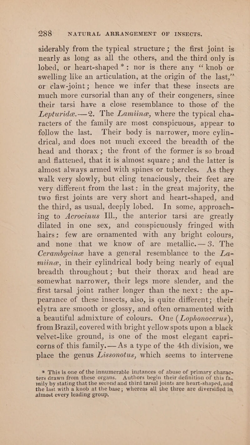 siderably from the typical structure ; the first joint is nearly as long as all the others, and the third only is lobed, or heart-shaped *: nor is there any ‘knob or swelling like an articulation, at the origin of the last,” or claw-joint; hence we infer that these insects are much more cursorial than any of their congeners, since their tarsi have a close resemblance to those of the Lepturide.—2. The Lamiine, where the typical cha- racters of the family are most conspicuous, appear to follow the last. Their body is narrower, more cylin- drical, and does not much exceed the breadth of the head and thorax; the front of the former is so broad and flattened, that it is almost square ; and the latter is almost always armed with spines or tubercles. As they walk very slowly, but cling tenaciously, their feet are very different from the last: in the great majority, the two first joints are very short and heart-shaped, and the third, as usual, deeply lobed. In some, approach- ing to Acrocinus IIL, the anterior tarsi are greatly dilated in one sex, and conspicuously fringed with hairs: few are ornamented with any bright colours, and none that we know of are metallic.— 3. The Cerambycine have a general resemblance to the La- miine, in their cylindrical body being nearly of equal breadth throughout; but their thorax and head are somewhat narrower, their legs more slender, and the first tarsal joint rather longer than the next: the ap- pearance of these insects, also, is quite different; their elytra are smooth or glossy, and often ornamented with a beautiful admixture of colours. One (Lophonocerus), from Brazil, covered with bright yellowspots upon a black velvet-like ground, is one of the most elegant capri- corns of this family.— As a type of the 4th division, we place the genus Lissonotus, which seems to intervene * This is one of the innumerable instances of abuse of primary charace ters drawn from these organs. Authors begin their definition of this fa maily by stating that the second and third tarsal joints are heart-shaped, and the last with a knob at the base; whereas all the three are diversified in aimost every leading group.