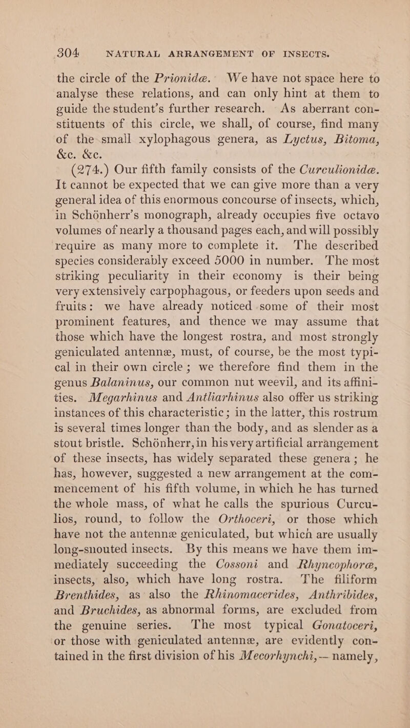 the circle of the Prionide.’ We have not space here to analyse these relations, and can only hint at them to guide the student’s further research. As aberrant con- stituents of this circle, we shall, of course, find many of the small xylophagous genera, as Lyctus, Bitoma, &amp;c. &amp;c. (274.) Our fifth family consists of the Curculionide. It cannot be expected that we can give more than a very general idea of this enormous concourse of insects, which, in Schénherr’s monograph, already occupies five octavo volumes of nearly a thousand pages each, and will possibly ‘require as many more to complete it. The described species considerably exceed 5000 in number. The most striking peculiarity in their economy is their being very extensively carpophagous, or feeders upon seeds and fruits: we have already noticed some of their most prominent features, and thence we may assume that those which have the longest rostra, and most strongly geniculated antenne, must, of course, be the most typi- cal in their own circle ; we therefore find them in the genus Balaninus, our common nut weevil, and its affini- ties. Megarhinus and Antliarhinus also offer us striking instances of this characteristic ; in the latter, this rostrum is several times longer than the body, and as slender as a stout bristle. Schénherr, in his very artificial arrangement of these insects, has widely separated these genera; he has, however, suggested a new arrangement at the com- mencement of his fifth volume, in which he has turned the whole mass, of what he calls the spurious Curcu- lios, round, to follow the Orthoceri, or those which have not the antenne geniculated, but whicn are usually long-snouted insects. By this means we have them im- mediately succeeding the Cossoni and Rhyncophore, insects, also, which have long rostra. The filiform Brenthides, as also the Rhinomacerides, Anthribides, and Bruchides, as abnormal forms, are excluded from the genuine series. The most typical Gonatoceri, or those with geniculated antenne, are evidently con- tained in the first division of his Mecorhynchi,— namely,