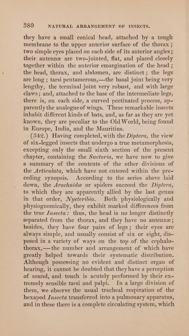 they have a small conical head, attached by a tough membrane to the upper anterior surface of the thorax ; two simple eyes placed on each side of its anterior angles ; their antenne are two-jointed, flat, and placed closely together within the anterior emargination of the head ; the head, thorax, and abdomen, are distinct; the legs are long ; tarsi pentamerous,—the basal joint being very lengthy, the terminal joint very robust, and with large claws; and, attached to the base of the intermediate legs, there is, on each side, a curved pectinated process, ap- parently the analogueof wings. These remarkable insects inhabit different kinds of bats, and, as far as they are yet known, they are peculiar to the Old World, being found in Europe, India, and the Mauritius. (342.) Having completed, with the Diptera, the view of six-legged insects that undergo a true metamorphosis, excepting only the small sixth section of the present chapter, containing the Suwctoria, we have now to give a summary of the contents of the other divisions of the Articulata, which have not entered within the pre- ceding synopsis. According to the series above laid down, the Arachnide or spiders succeed the Diptera, to which they are apparently allied by the last genus in that order, Nycteribia. Both physiologically and physiognomically, they exhibit marked differences from the true Insecta: thus, the head is no longer distinctly separated from the thorax, and they have no antenne; besides, they have four pairs of legs; their eyes are always simple, and usually consist of six or eight, dis- posed in a variety of ways on the top of the cephalo- thorax,—the number and arrangement of which have greatly helped towards their systematic distribution. Although possessing no evident and distinct organ of hearing, it cannot be doubted that they have a perception of sound, and touch is acutely performed by their ex- tremely sensible tarsi and palpi. In a large division of them, we observe the usual tracheal respiration of the hexapod Insecta transferred into a pulmonary apparatus, and in these there is a complete circulating system, which