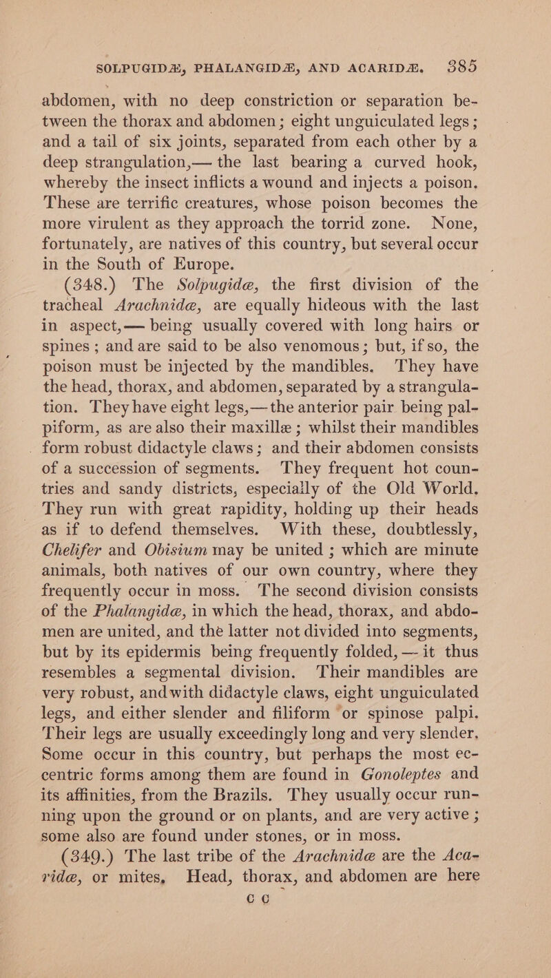 abdomen, with no deep constriction or separation be- tween the thorax and abdomen; eight unguiculated legs ; and a tail of six joints, separated from each other by a deep strangulation,— the last bearing a curved hook, whereby the insect inflicts a wound and injects a poison. These are terrific creatures, whose poison becomes the more virulent as they approach the torrid zone. None, fortunately, are natives of this country, but several occur in the South of Europe. ; (348.) The Solpugide, the first division of the tracheal Arachnida, are equally hideous with the last in aspect,— being usually covered with long hairs or spines ; and are said to be also venomous; but, ifso, the poison must be injected by the mandibles. They have the head, thorax, and abdomen, separated by a strangula- tion. They have eight legs,—the anterior pair being pal- piform, as are also their maxille ; whilst their mandibles _ form robust didactyle claws; and their abdomen consists of a succession of segments. They frequent hot coun- tries and sandy districts, especiaily of the Old World, They run with great rapidity, holding up their heads as if to defend themselves. With these, doubtlessly, Chelifer and Obisium may be united ; which are minute animals, both natives of our own country, where they frequently occur in moss. The second division consists of the Phalangide, in which the head, thorax, and abdo- men are united, and the latter not divided into segments, but by its epidermis being frequently folded, — it thus resembles a segmental division. Their mandibles are very robust, and with didactyle claws, eight unguiculated legs, and either slender and filiform or spinose palpi. Their legs are usually exceedingly long and very slender, Some occur in this country, but perhaps the most ec- centric forms among them are found in Gonoleptes and its affinities, from the Brazils. They usually occur run- ning upon the ground or on plants, and are very active ; some also are found under stones, or in moss. (349.) The last tribe of the Avachnide are the Aca- ride, or mites, Head, thorax, and abdomen are here co