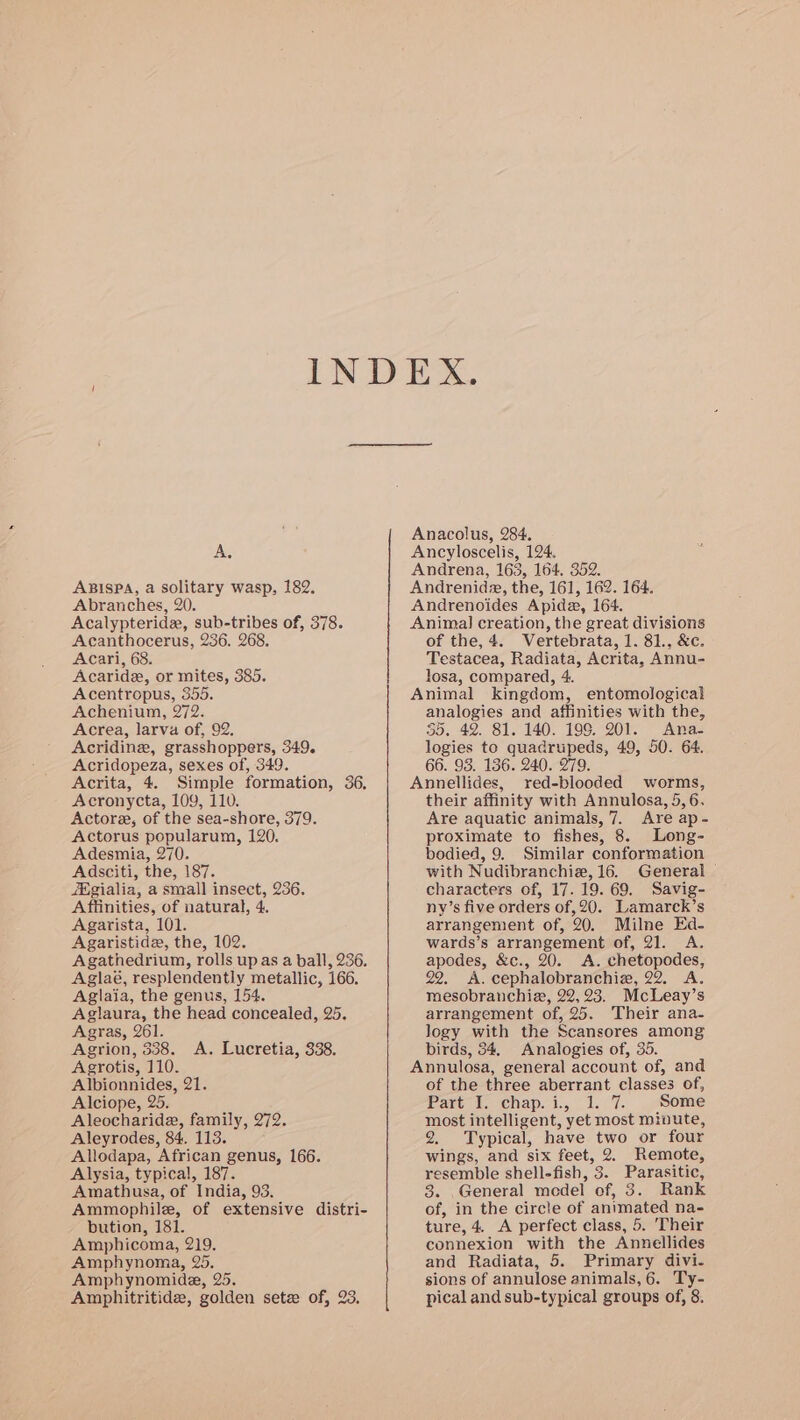 A. ABISPA, a solitary wasp, 182. Abranches, 20. Acalypterida, sub-tribes of, 378. Acanthocerus, 236. 268. Acari, 68. Acaride, or mites, 385. Acentropus, 355. Achenium, 272. Acrea, larva of, 92. Acridine, grasshoppers, 349. Acridopeza, sexes of, 349. Acrita, 4. Simple formation, 36, Acronycta, 109, 110. Actoree, of the sea-shore, 379. Actorus popularum, 120. Adesmia, 270. Adsciti, the, 187. iEgialia, a small insect, 236. Affinities, of natural, 4. Agarista, 101. Agaristide, the, 102. Agathedrium, rolls upas a ball, 236. Aglaé, resplendently metallic, 166. Aglaia, the genus, 154. Agiaura, the head concealed, 25. Agras, 261. Agrion, 338. A. Lucretia, 338. Agrotis, 110. Albionnides, 21. Alciope, 25. Aleocharide, family, 272. Aleyrodes, 84. 113. Allodapa, African genus, 166. Alysia, typical, 187. Amathusa, of India, 93. Ammophile, of extensive distri- bution, 181. Amphicoma, 219, Amphynoma, 25. Amphynomide, 25. Anacolus, 284. Ancyloscelis, 124, Andrena, 163, 164. 352. Andrenidz, the, 161, 162. 164. Andrenoides Apide, 164. Animal creation, the great divisions of the, 4. Vertebrata, 1. 81., &amp;c. Testacea, Radiata, Acrita, Annu- losa, compared, 4. Animal kingdom, entomological analogies and affinities with the, 55. 42. 81. 140. 199. 201. Ana- logies to quadrupeds, 49, 50. 64. 66. 93. 136. 240. 279. Annellides, red-blooded worms, their affinity with Annulosa, 5,6. Are aquatic animals, 7. Are ap - proximate to fishes, 8. Long- bodied, 9. Similar conformation with Nudibranchie, 16. General characters of, 17. 19. 69. Savig- ny’s five orders of, 20. Lamarck’s arrangenient of, 20. Milne Ed- wards’s arrangement of, 21. A. apodes, &amp;c., 20. A. chetopodes, 22. A. cephalobranchie, 22. A. mesobranchia, 22,23. McLeay’s arrangement of, 25. Their ana- logy with the Scansores among birds, 34, Analogies of, 35. Annulosa, general account of, and of the three aberrant classes of, Part 1. chap. i. 1.7. ..some most intelligent, yet most minute, 2. Typical, have two or four wings, and six feet, 2. Remote, resemble shellefish, 3. Parasitic, 3. General medel of, 3. Rank of, in the circle of animated na- ture, 4. A perfect class, 5. Their connexion with the Annellides and Radiata, 5. Primary divi- sions of annulose animals, 6. Ty-