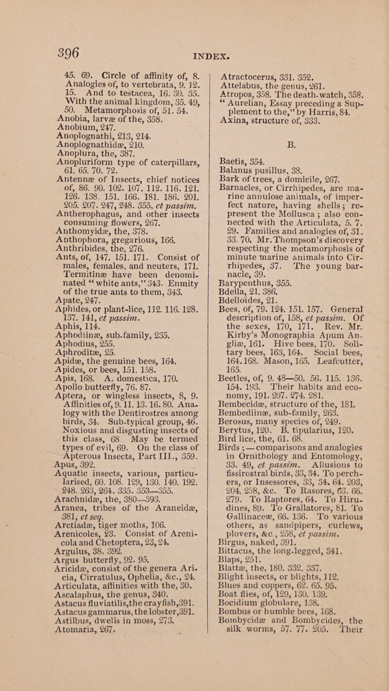 45. 69. Circle of affinity of, 8. Analogies of, to vertebrata, 9. 12. 15. And to testacea, 16. 30. 35. With the animal kingdom, 35. 49, 50, Metamorphosis of, 51. 54. Anobia, larve of the, 358. Anobium, 247, Anoplognathi, 213, 214. Anoplognathide, 210. Anoplura, the, 387. Anopluriform type of caterpillars, OLNGD 10272. Antenne of Insects, chief notices of, 86. 90. 102. 107. 112. 116. 121. 126. 138, 151, 166. 181. 186. 201. 205. 207. 247, 248. 355, et passim. Antherophagus, and other insects consuming flowers, 267. Anthomyida, the, 378. Anthophora, gregarious, 166. Anthribides, the, 276. Ants, of, 147. 151. 171. Consist of males, females, and neuters, 171. Termitine have been denomi- nated ‘ white ants,’ 343. Enmity of the true ants to them, 343. Apate, 247. Aphides, or plant-lice, 112. 116. 128. 137. 141, e¢ passim. Aphis, 114. Aphodiinz, sub-family, 235. Aphodius, 255. Aphrodite, 25. Apide, the genuine bees, 164, Apides, or bees, 151. 158. Apis, 168. A. domestica, 170. Apollo butterfly, 76. 87. Aptera, or wingless insects, 8, 9. Affinities of, 9. 11. 13.16.80. Ana- logy with the Dentirostres among birds, 34. Sub-typical group, 46. Noxious and disgusting insects of this class, 68. May be termed types of evil, 69. On the class of Apterous Insects, Part III., 359. Apus, 392. ; Aquatic insects, various, particu- larised, 60. 108. 129, 130. 140. 192. 248. 263, 264. 335. 353—355. Arachnide, the, 380—393. Aranea, tribes of the Araneida, 381, et seq. Arctiade, tiger moths, 106. Arenicoles, 23. Consist of Areni- cola and Chetoptera, 23, 24. Argulus, 38. 392. Argus butterfly, 92. 95, : Aricide, consist of the genera Ari- cia, Cirratulus, Ophelia, &amp;c., 24, Articulata, affinities with the, 30. Ascalaphus, the genus, 340. Astacus fluviatilis,the cray fish,391, Astacus gammarus, the lobster,391. Astilbus, dwells in moss, 273, Atomaria, 267. Atractocerus, 331. 352. Attelabus, the genus, 261. Atropos, 358. The death- watch, 358. ** Aurelian, Essay preceding a Sup- plement to the,” by Harris, 84. Axina, structure of, 333. B. Baetis, 354. Balanus pusillus, 38. Bark of trees, a domicile, 267. Barnacles, or Cirrhipedes, are ma- rine annulose animals, of imper- fect nature, having shells; re- present the Mollusca ; also con- nected with the Articulata, 5. 7. 29. Families and analogies of, 31. 33.70. Mr. Thompson’s discovery respecting the metamorphosis of minute marine animals into Cir- rhipedes, 37. The young bar- nacle, 39. Barypenthus, 355. Bdella, 21. 386. Bdelloides, 21. Bees, of, 79. 124. 151. 157. General description of, 158, et passim. Of the sexes, 170, 171. Rev. Mr. Kirby’s Monographia Apum An. glie, 161. Hive bees, 170. Soli- tary bees, 163,164. Social bees, 164.168. Mason, 165. Leafcutter, 165. Beetles, of, 9. 48—50. 56. 115. 136. 154. 193. Their habits and eco- nomy, 191. 207. 274. 281, Bembecide, structure of the, 181. Bembediine, sub-family, 263. Berosus, many species of, 249. Berytus, 120. B. tipularius, 120. Bird lice, the, 61. 68. Birds ;— comparisons and analogies in Ornithology and Entomology, 33. 49, et passim. Allusions to fissirostral birds, 35, 34. To perch- ers, or Insessores, 33, 34. 64. 203, 204, 258, &amp;c. To Rasores, 63. 66. 279. To Raptores, 64. To Hiru- dines, 89. To Grallatores, 81. To Gallinacee, 66. 136. To various others, as sandpipers, curlews, plovers, &amp;c., 258, et passim. Birgus, naked, 391. Bittacus, the long-legged, 341. Blaps, 251. Blattz, the, 180. 332. 337, Blight insects, or blights, 112. Blues and coppers, 62. 65. 95. Boat flies, of, 129, 130. 139. Bocidium globulare, 138. Bombus or humble bees, 168. Bombycide and Bombycides, the silk worms, 57. 77. 205. Their