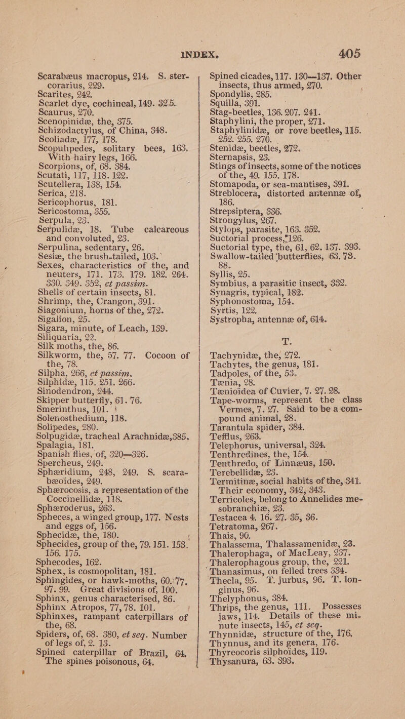 Scarabeus macropus, 214. S. ster- corarius, 229. Scarites, 242. : Scarlet dye, cochineal, 149. 32.5. Scaurus, 270, Scenopinide, the, 375. Schizodactylus, of China, 348. Scoliadz, 177, 178. Scopulipedes, solitary bees, 163. With hairy legs, 166. Scorpions, of, 68. 384. Scutati, 117, 118. 122. Scutellera, 138, 154. Serica, 218. Sericophorus, 181. Sericostoma, 355. Serpula, 23. Serpulide, 18. Tube calcareous and convoluted, 23. Serpulina, sedentary, 26. Sesie, the brush-tailed, 103.” Sexes, characteristics of the, and neuters, 171. 173. 179. 182. 264. 330. 349. 352, et passim. Shells of certain insects, 81. Shrimp, the, Crangon, 391. Siagonium, horns of the, 272. Sigalion, 25. Sigara, minute, of Leach, 139. Siliquaria, 22. Silk moths, the, 86. Silkworm, the, 57. 77. Cocoon of the, 78. Silpha, 266, et passim, Silphida, 115. 251. 266. Sinodendron, 244. Skipper butterfly, 61. 76. Smerinthus, 101. } Solenosthedium, 118. Solipedes, 280. Solpugide, tracheal Arachnide,385, Spalagia, 181. Spanish flies, of, 320—326. Spercheus, 249. Spheridium, 248, 249. S. scara- beoides, 249. Spherocosis, a representation of the Coccinellide, 118. Spheroderus, 263. Spheces, a winged group, 177. Nests and eggs of, 156. Sphecide, the, 180. f Sphecides, group of the, 79. 151. 153. 156. 175. Sphecodes, 162. Sphex, is cosmopolitan, 181. Sphingides, or hawk-moths, 60.:77, 97. 99. Great divisions of, 100. Sphinx, genus characterised, 86. Sphinx Atropos, 77,78. 101. Sphinxes, rampant caterpillars of the, 68. Spiders, of, 68. 380, et seg. Number of legs of, 2. 13. Spined caterpillar of Brazil, 64, The spines poisonous, 64, 405 Spined cicades, 117. 130-137. Other insects, thus armed, 270. Spondylis, 285. Squilla, 391. Stag-beetles, 136, 207. 241. Staphylini, the proper, 271. Staphylinide, or rove beetles, 115. 259. 255. 270. ; Stenide, beetles, 272. Sternapsis, 23. Stings of insects, some of the notices of the, 49. 155. 178. Stomapoda, or sea-mantises, 391. ores distorted antennz of, 186. Strepsiptera, 336. Strongylus, 267. Stylops, parasite, 163. 352. Suctorial process,126. Suctorial type, the, 61, 62. 137. 393. Swallow-tailed ‘butterflies, 63.73. 83. Syllis, 25. Symbius, a parasitic insect, 332. Synagris, typical, 182. Syphonostoma, 154. Syrtis, 122, Systropha, antenne of, 614. At Tachynide, the, 272. Tachytes, the genus, 181. Tadpoles, of the, 53. Tenia, 28. Tenioidea of Cuvier, 7. 27. 28. Tape-worms, represent the class Vermes, 7.27. Said to be a com- pound animal, 28. Tarantula spider, 384. Tefflus, 263. Telephorus, universal, 324. Tenthredines, the, 154. © Tenthredo, of Linnzus, 150. Terebellide, 23. Termitine, social habits of the, 341. Their economy, 342, 343. Terricoles, belong to Annelides me- sobranchie, 23. Testacea 4. 16. 27. 35, 36. Tetratoma, 267. Thais, 90. Thalassema, Thalassamenide, 23. Thalerophaga, of MacLeay, 237. Thalerophagous group, the, 221. Thanasimus, on felled trees 334. Thecla, 95. T. jurbus, 96, T. lon- ginus, 96. Thelyphonus, 384, Thrips, the genus, 111. Possesses jaws, 114. Details of these mi- nute insects, 145, et seq. Thynnide, structure of the, 176. Thynnus, and its genera, 176. Thyreocoris silphoides, 119. Thysanura, 63. 393.