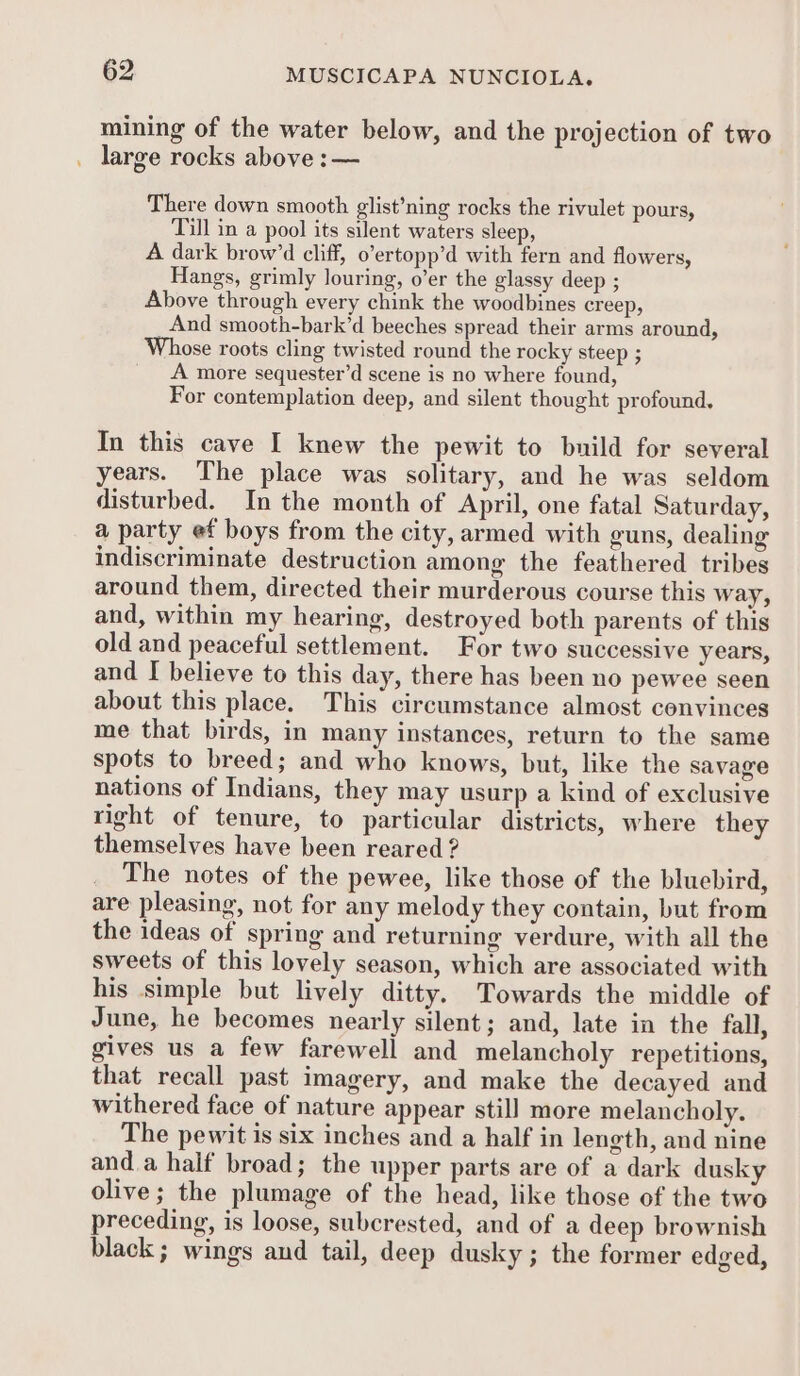 mining of the water below, and the projection of two _ large rocks above :— There down smooth glist’ning rocks the rivulet pours, Till in a pool its silent waters sleep, A dark brow’d cliff, o’ertopp’d with fern and flowers, Hangs, grimly louring, o’er the glassy deep ; Above through every chink the woodbines creep, And smooth-bark’d beeches spread their arms around, Whose roots cling twisted round the rocky steep ; A more sequester’d scene is no where found, For contemplation deep, and silent thought profound. In this cave I knew the pewit to build for several years. The place was solitary, and he was seldom disturbed. In the month of April, one fatal Saturday, a party ef boys from the city, armed with guns, dealing indiscriminate destruction among the feathered tribes around them, directed their murderous course this way, and, within my hearing, destroyed both parents of this old and peaceful settlement. For two successive years, and I believe to this day, there has been no pewee seen about this place. This circumstance almost convinces me that birds, in many instances, return to the same spots to breed; and who knows, but, like the savage nations of Indians, they may usurp a kind of exclusive right of tenure, to particular districts, where they themselves have been reared ? The notes of the pewee, like those of the bluebird, are pleasing, not for any melody they contain, but from the ideas of spring and returning verdure, with all the sweets of this lovely season, which are associated with his simple but lively ditty. Towards the middle of June, he becomes nearly silent; and, late in the fall, gives us a few farewell and melancholy repetitions, that recall past imagery, and make the decayed and withered face of nature appear still more melancholy. The pewit is six inches and a half in length, and nine and.a half broad; the upper parts are of a dark dusky olive; the plumage of the head, like those of the two preceding, is loose, subcrested, and of a deep brownish black; wings and tail, deep dusky ; the former edged,