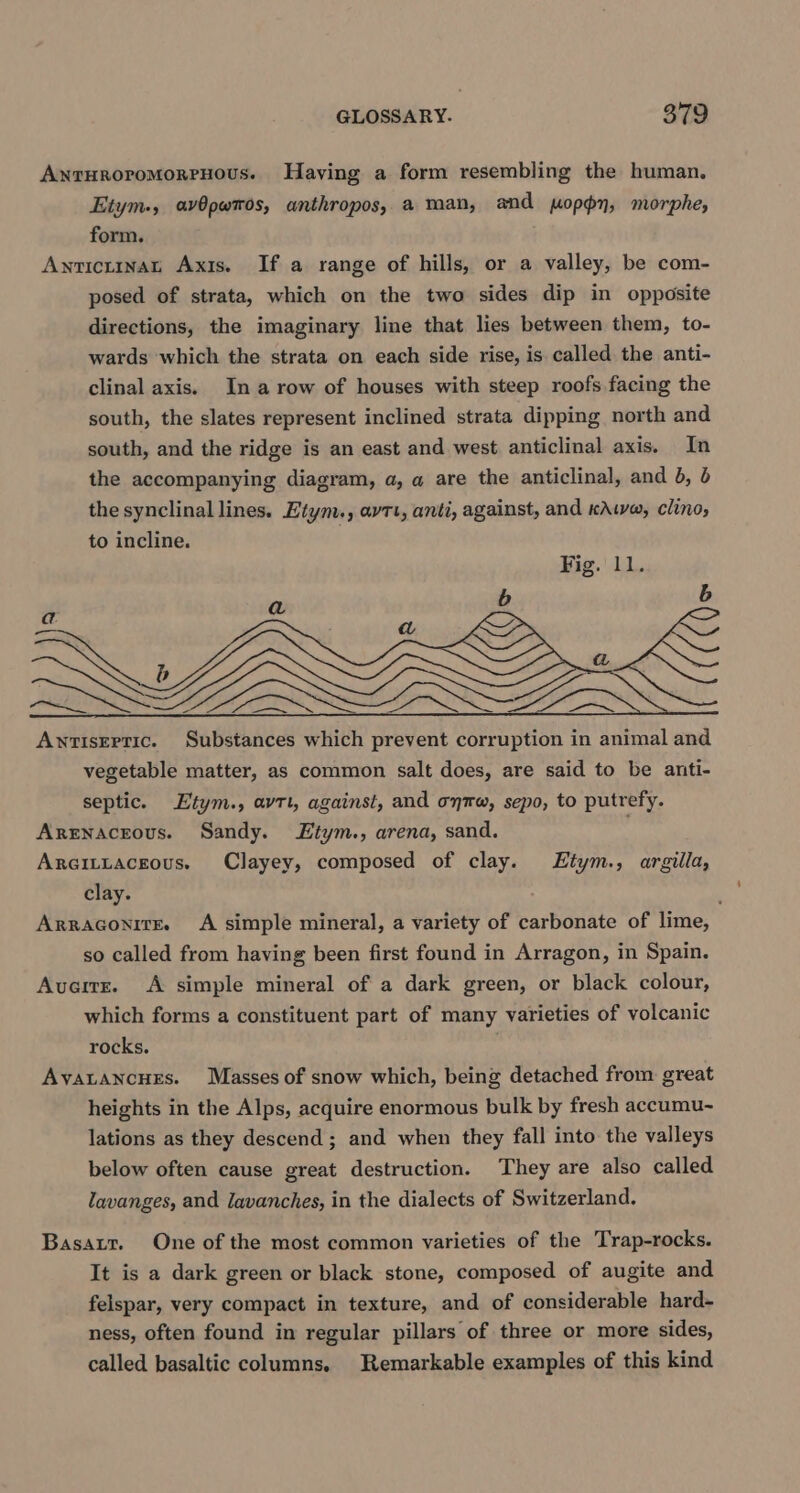 AntHRoromorPHOUS. Having a form resembling the human. Etym., av@pwros, anthropos, a man, and poppy, morphe, form. Aytictinat Axis. If a range of hills, or a valley, be com- posed of strata, which on the two sides dip in opposite directions, the imaginary line that lies between them, to- wards which the strata on each side rise, is called the anti- clinal axis. Ina row of houses with steep roofs facing the south, the slates represent inclined strata dipping north and south, and the ridge is an east and west anticlinal axis. In the accompanying diagram, a, a are the anticlinal, and 3, b the synclinal lines. Etym., avrt, anti, against, and Kawa, clino, to incline. Antiseptic. Substances which prevent corruption in animal and vegetable matter, as common salt does, are said to be anti- septic. Etym., avtt, against, and ontw, sepo, to putrefy. Argenacrous. Sandy. Ltym., arena, sand. Areittacgous, Clayey, composed of clay. EHitym., argilla, clay. Arraconirzr. A simple mineral, a variety of carbonate of lime, so called from having been first found in Arragon, in Spain. Avarre. A simple mineral of a dark green, or black colour, which forms a constituent part of many varieties of volcanic rocks. Avatancues. Masses of snow which, being detached from great heights in the Alps, acquire enormous bulk by fresh accumu- lations as they descend ; and when they fall into the valleys below often cause great destruction. They are also called lavanges, and lavanches, in the dialects of Switzerland. Basatr. One of the most common varieties of the Trap-rocks. It is a dark green or black stone, composed of augite and felspar, very compact in texture, and of considerable hard- ness, often found in regular pillars of three or more sides, called basaltic columns. Remarkable examples of this kind