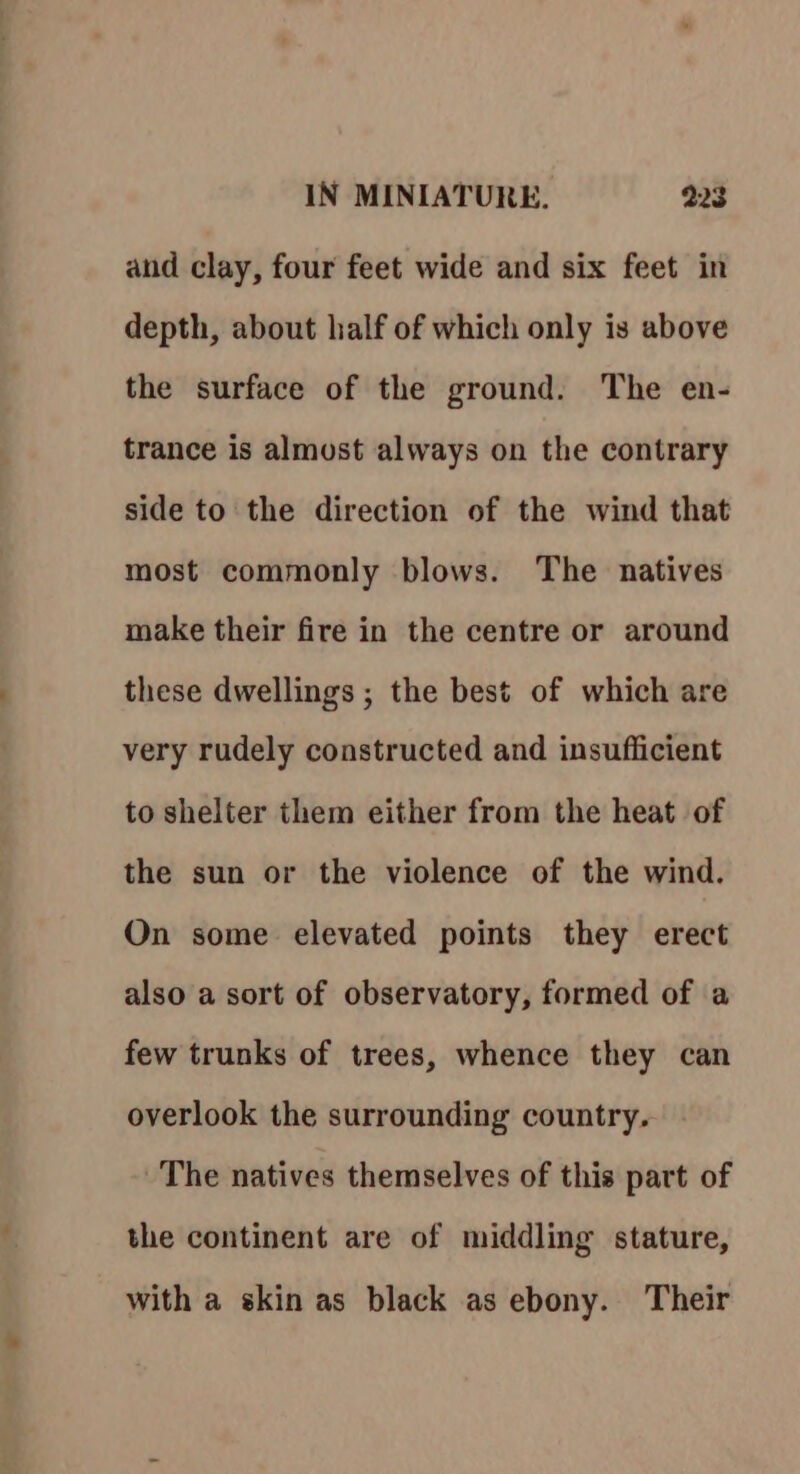and clay, four feet wide and six feet in depth, about half of which only is above the surface of the ground. The en- trance is almost always on the contrary side to the direction of the wind that most commonly blows. The natives make their fire in the centre or around these dwellings ; the best of which are very rudely constructed and insuflicient to shelter them either from the heat of the sun or the violence of the wind. On some elevated points they erect also a sort of observatory, formed of a few trunks of trees, whence they can overlook the surrounding country. The natives themselves of this part of the continent are of middling stature, with a skin as black as ebony. Their